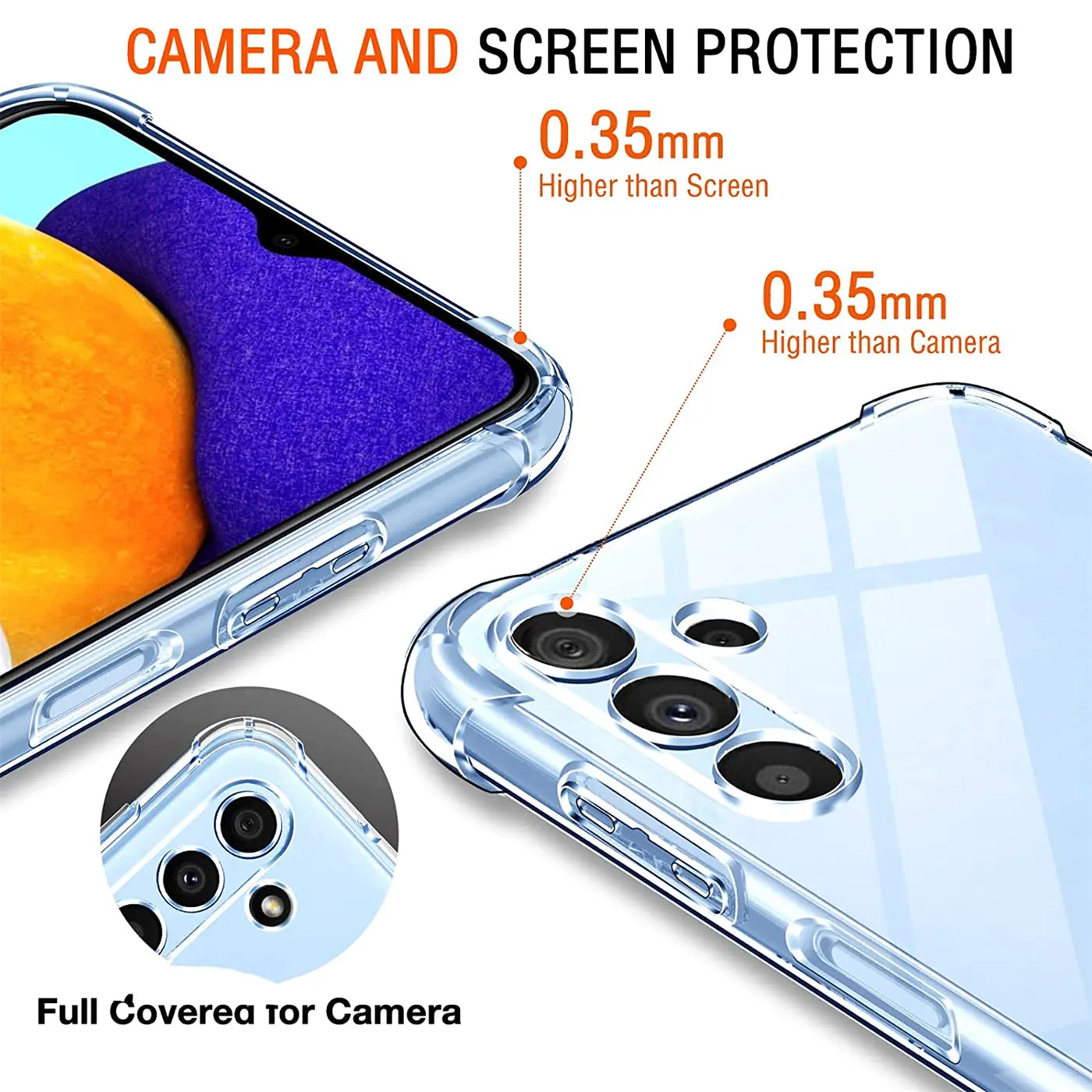 Transparente Hülle aus Kunststoff, zeigt Samsung A13 5G/A04s, Nahaufnahme Kamera/Display.