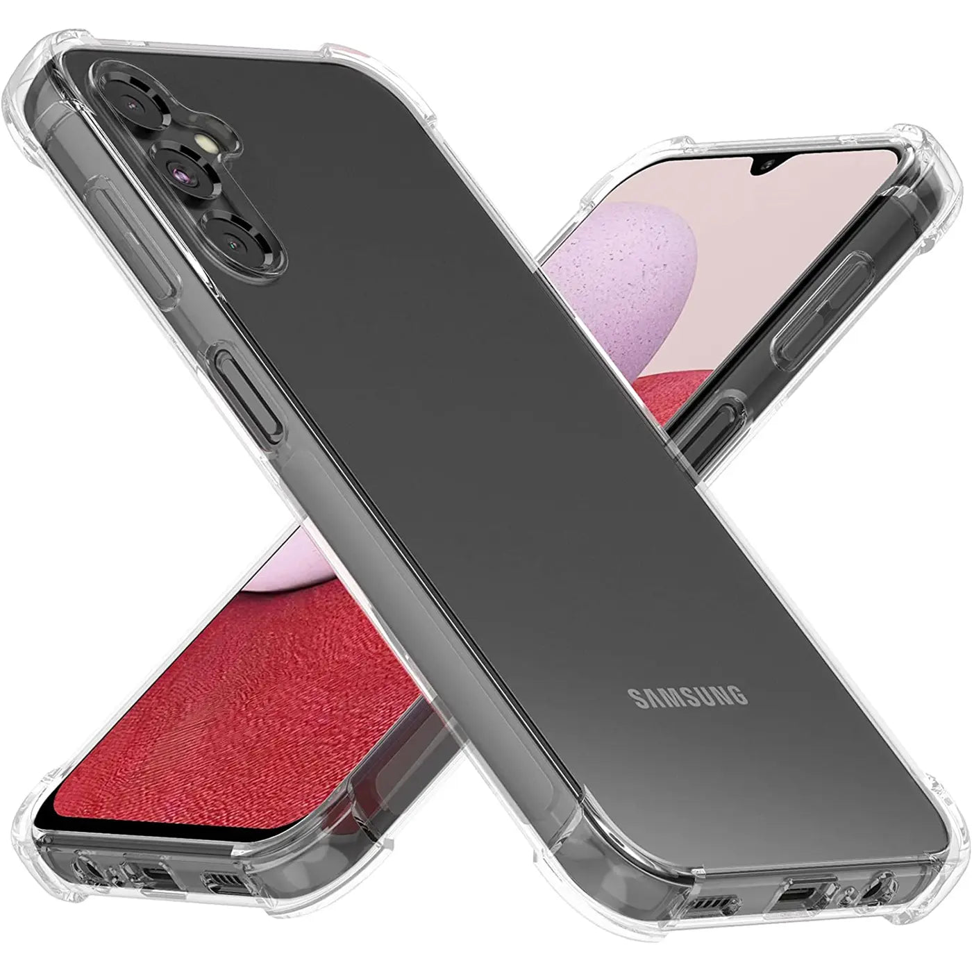 Transparente Hülle aus Kunststoff, schräg von oben, zeigt Samsung Galaxy A14 4G/5G.