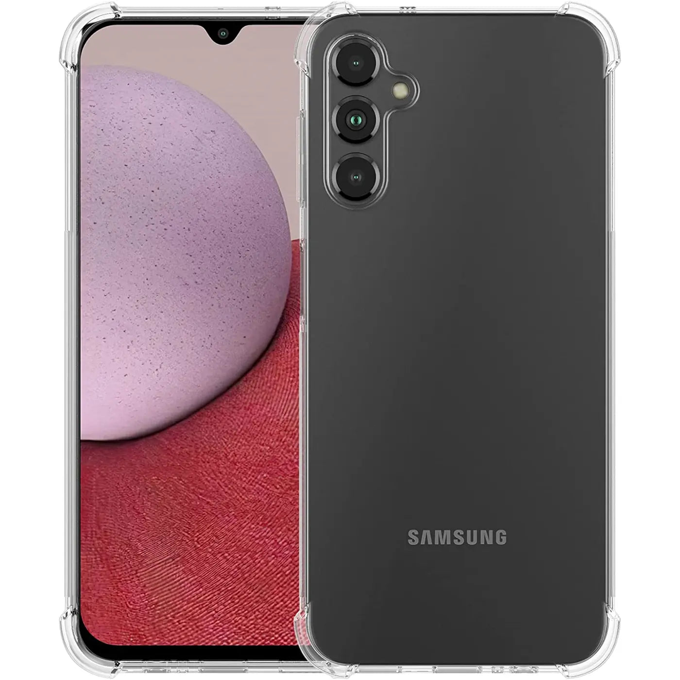 Transparente, stoßfeste Hülle aus Kunststoff, Vorder- und Rückansicht, Samsung Galaxy A14 4G/5G.