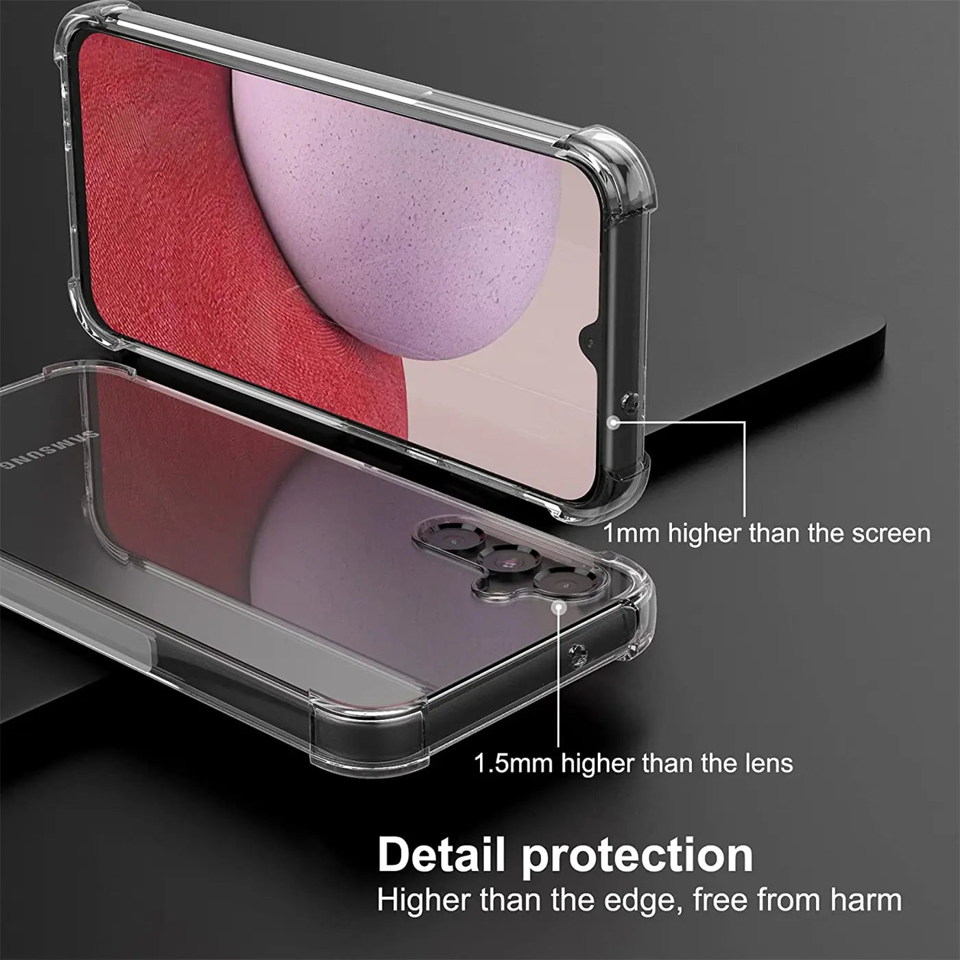 Transparente Hülle aus Kunststoff, zeigt Samsung Galaxy A14 4G/5G, Seitenansicht.