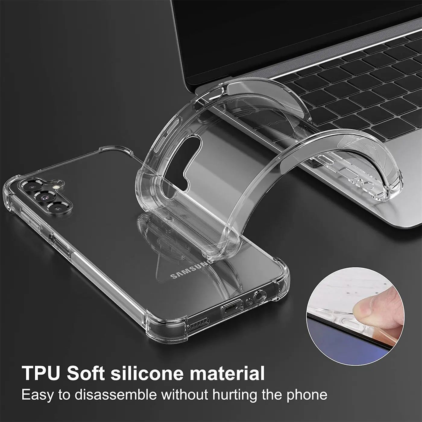 Transparente TPU-Hülle auf einem Samsung Galaxy A14, Seitenansicht.