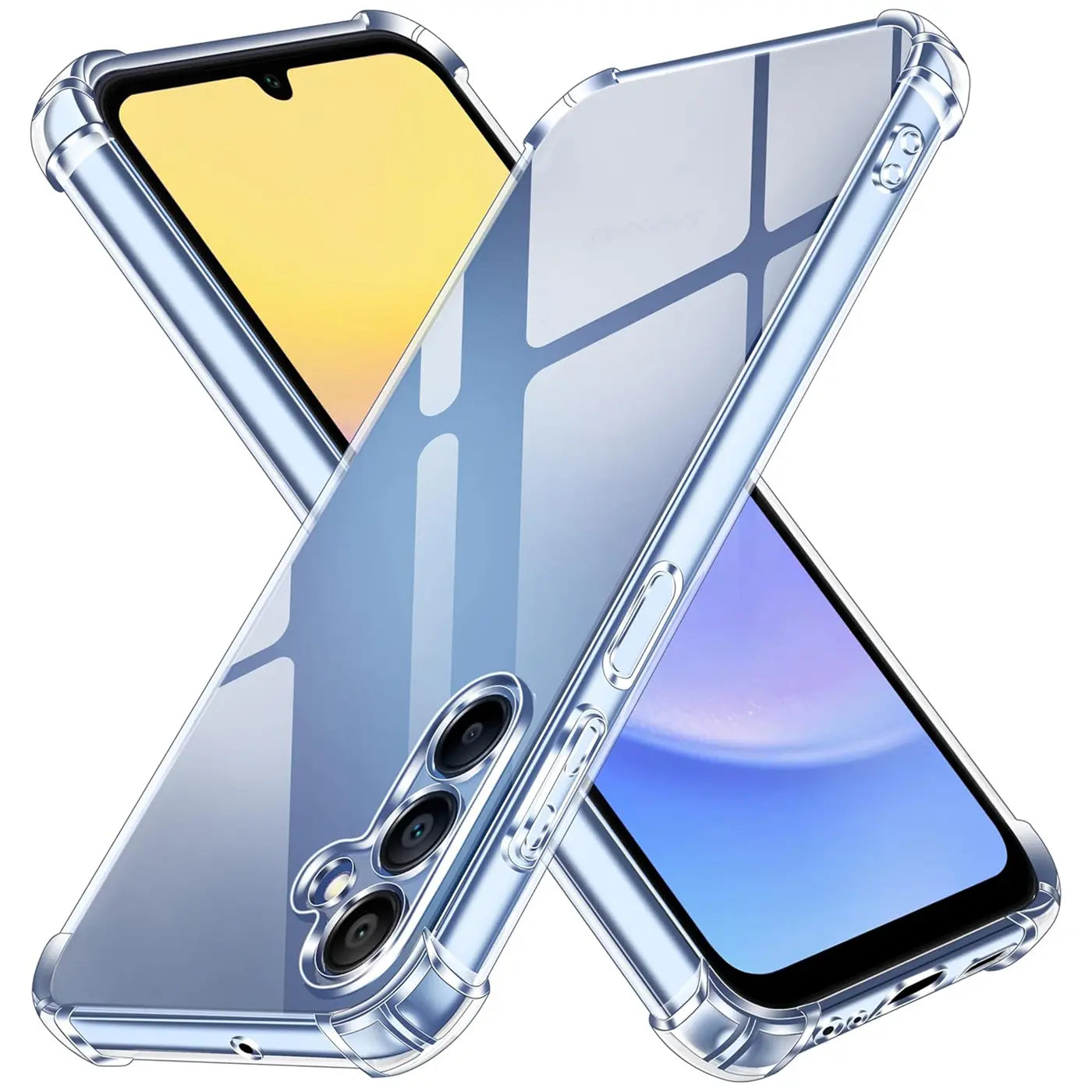 Transparente Hülle aus Kunststoff, schützt Samsung Galaxy A15 4G/5G, Nahaufnahme.