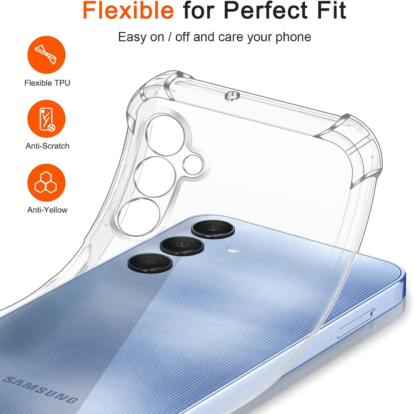 Transparente TPU-Hülle auf einem blauen Samsung Galaxy A15 4G/5G, Seitenansicht.
