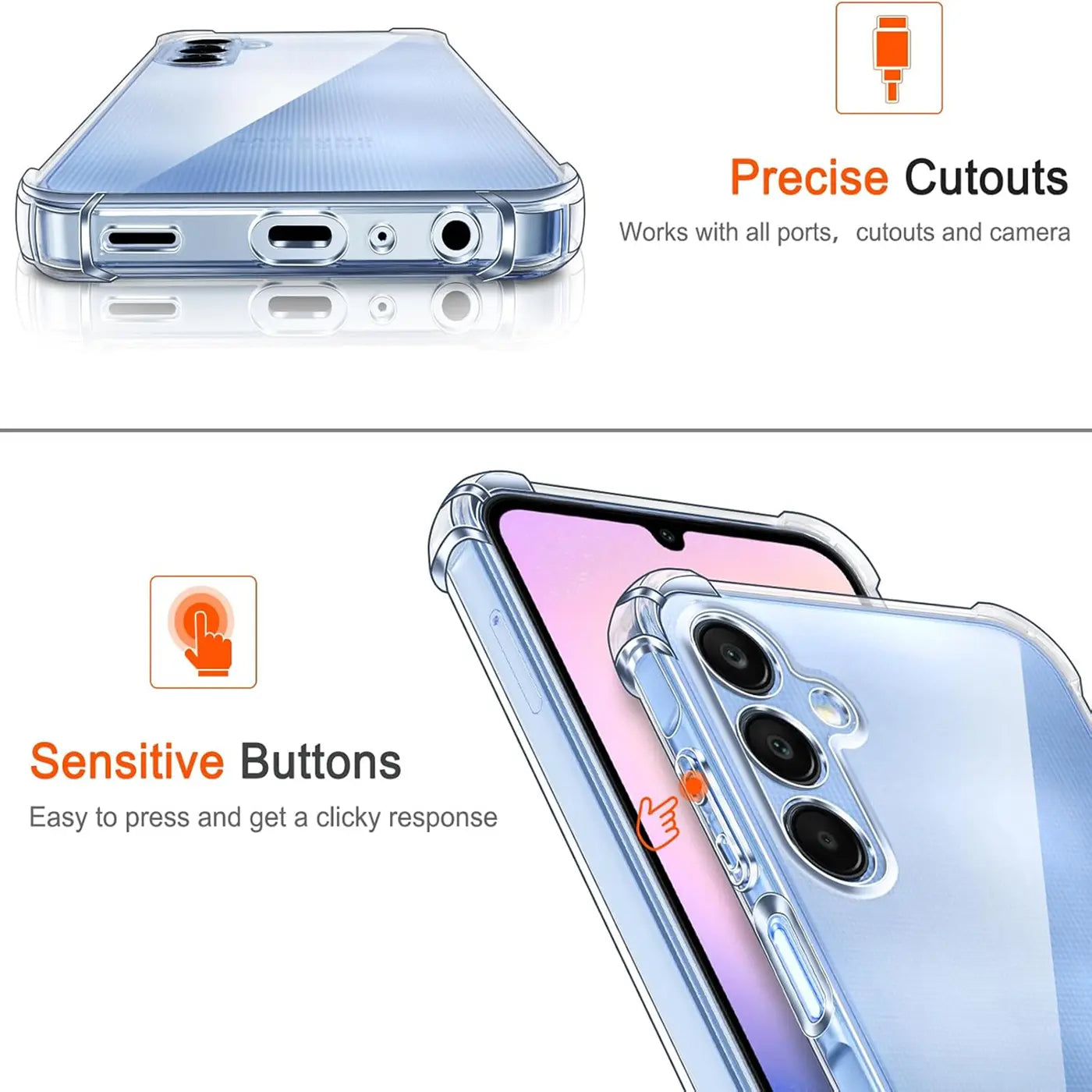 Transparente Hülle aus Kunststoff, zeigt Unterseite und Seite eines Samsung Galaxy A15 4G/5G.