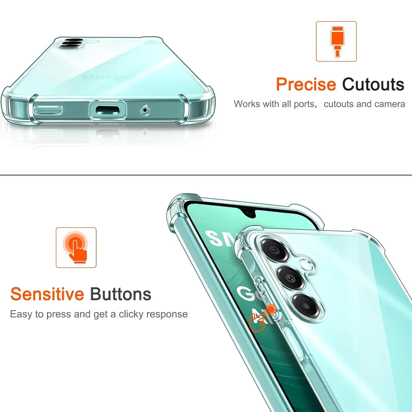 Transparente Hülle aus Kunststoff, von oben und schräg gezeigt, mit Samsung Galaxy A16 5G.