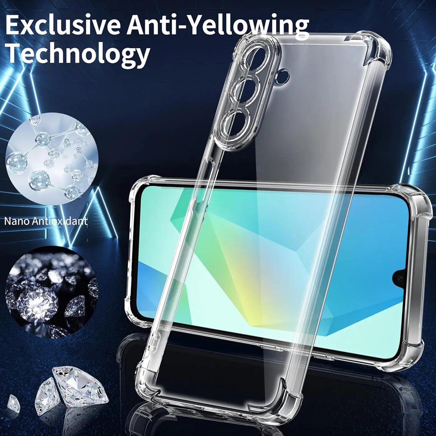 Transparente, stoßfeste Hülle aus Kunststoff auf einem Samsung Galaxy A17 5G, von vorne schräg fotografiert.
