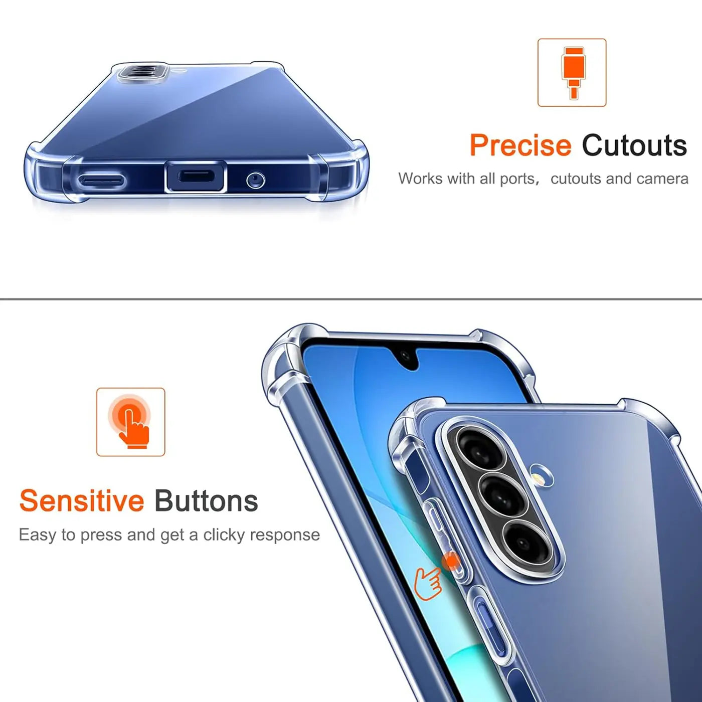 Transparente Hülle aus TPU, von unten und schräg von hinten, zeigt Samsung Galaxy A17 5G.