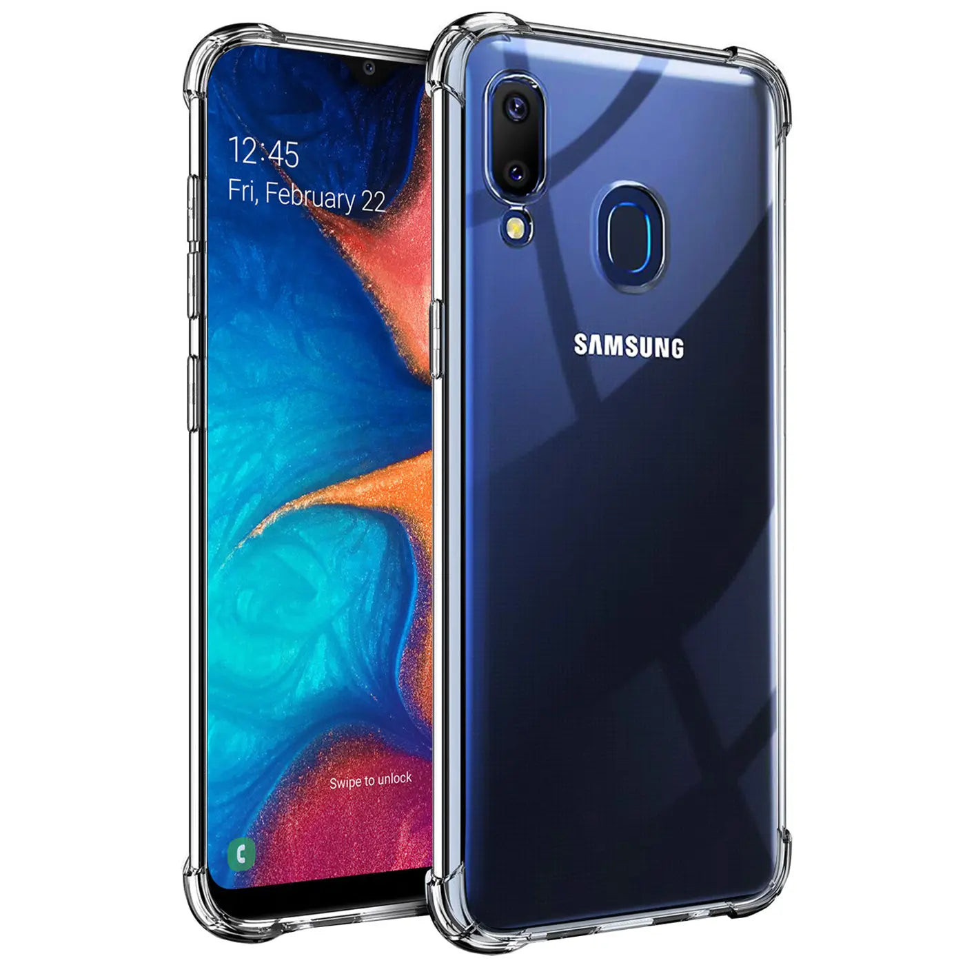 Samsung Galaxy A20e in klarer, stoßfester Hülle aus transparentem Kunststoff, von vorne und hinten gezeigt.