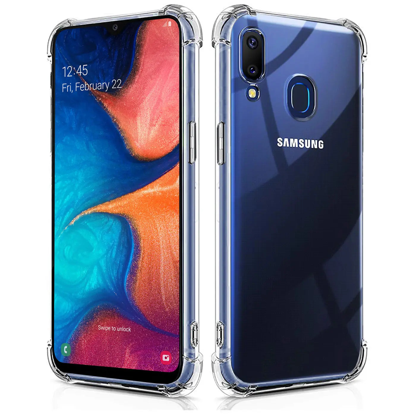 Samsung Galaxy A20e in klarer, stoßfester Hülle, Vorder- und Rückansicht, aus Kunststoff