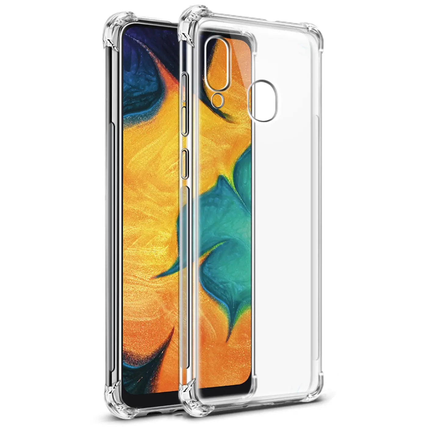 Transparente Silikonhülle mit verstärkten Ecken für Samsung Galaxy A20e, Seitenansicht.