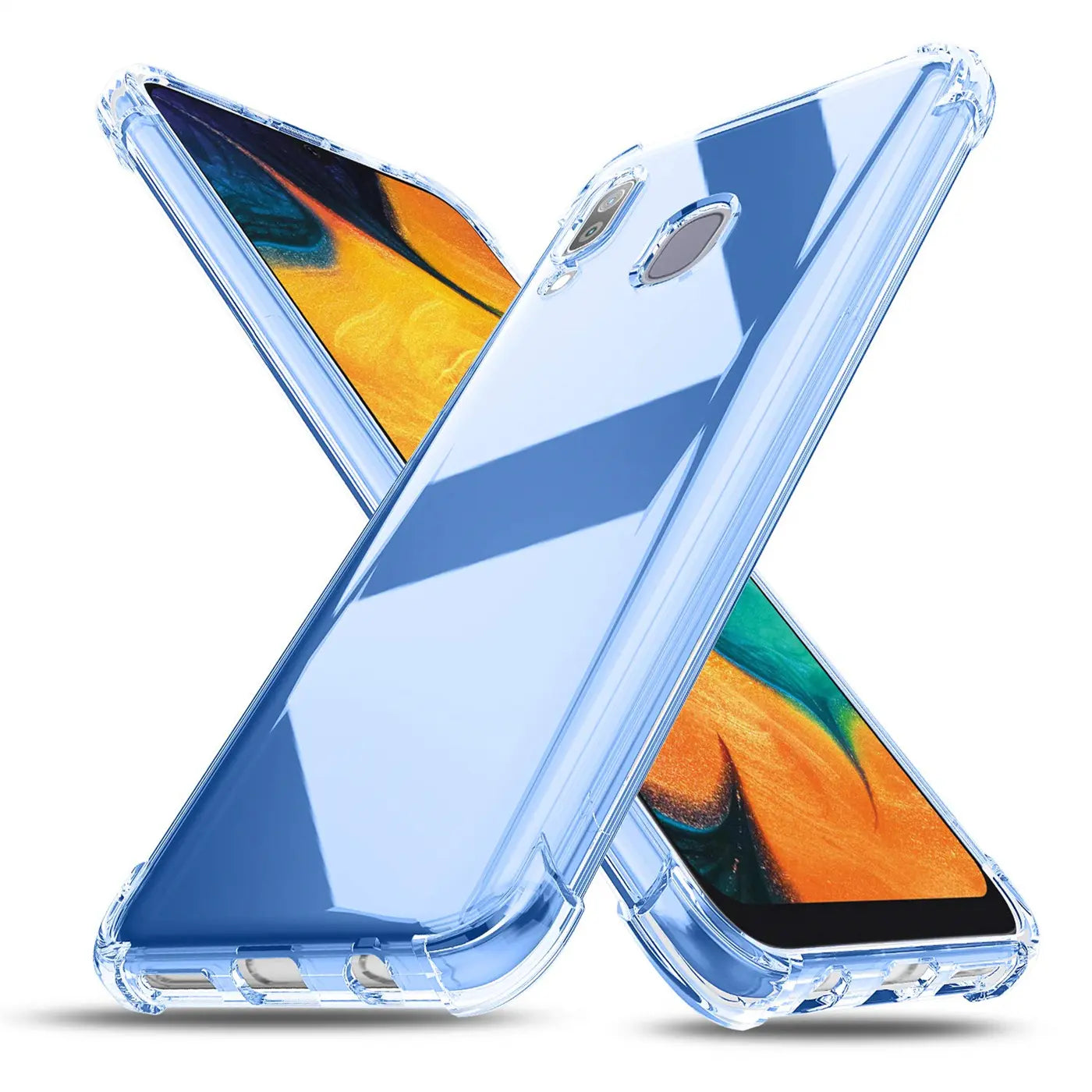 Transparente, stoßfeste Hülle aus Kunststoff für Samsung Galaxy A20e, von vorne/oben gesehen.