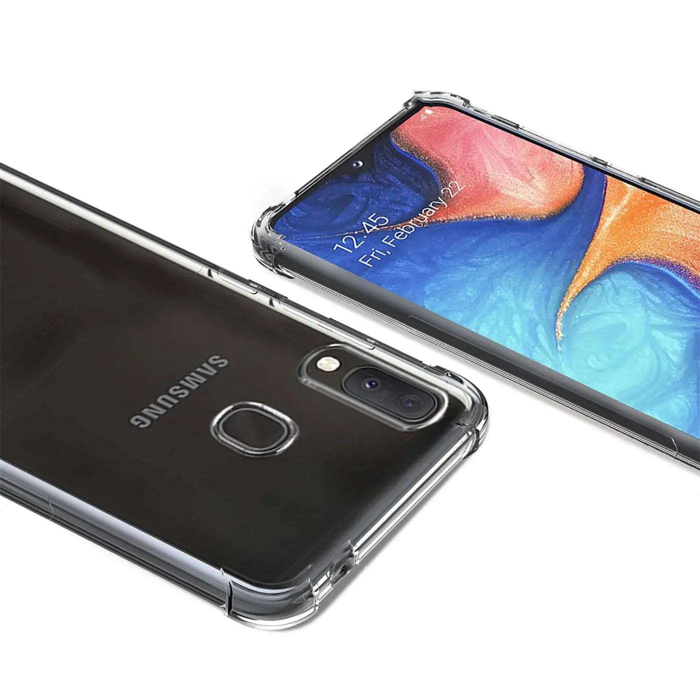 Samsung Galaxy A20e in klarer, stoßfester Hülle, Rückseite und Vorderseite sichtbar, aus Kunststoff.
