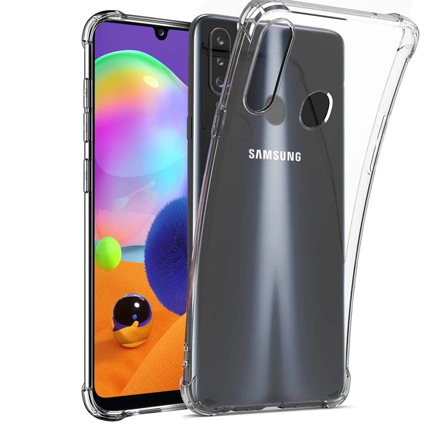 Samsung Galaxy A20s mit transparenter Hülle, von vorne und hinten gezeigt, aus klarem TPU.