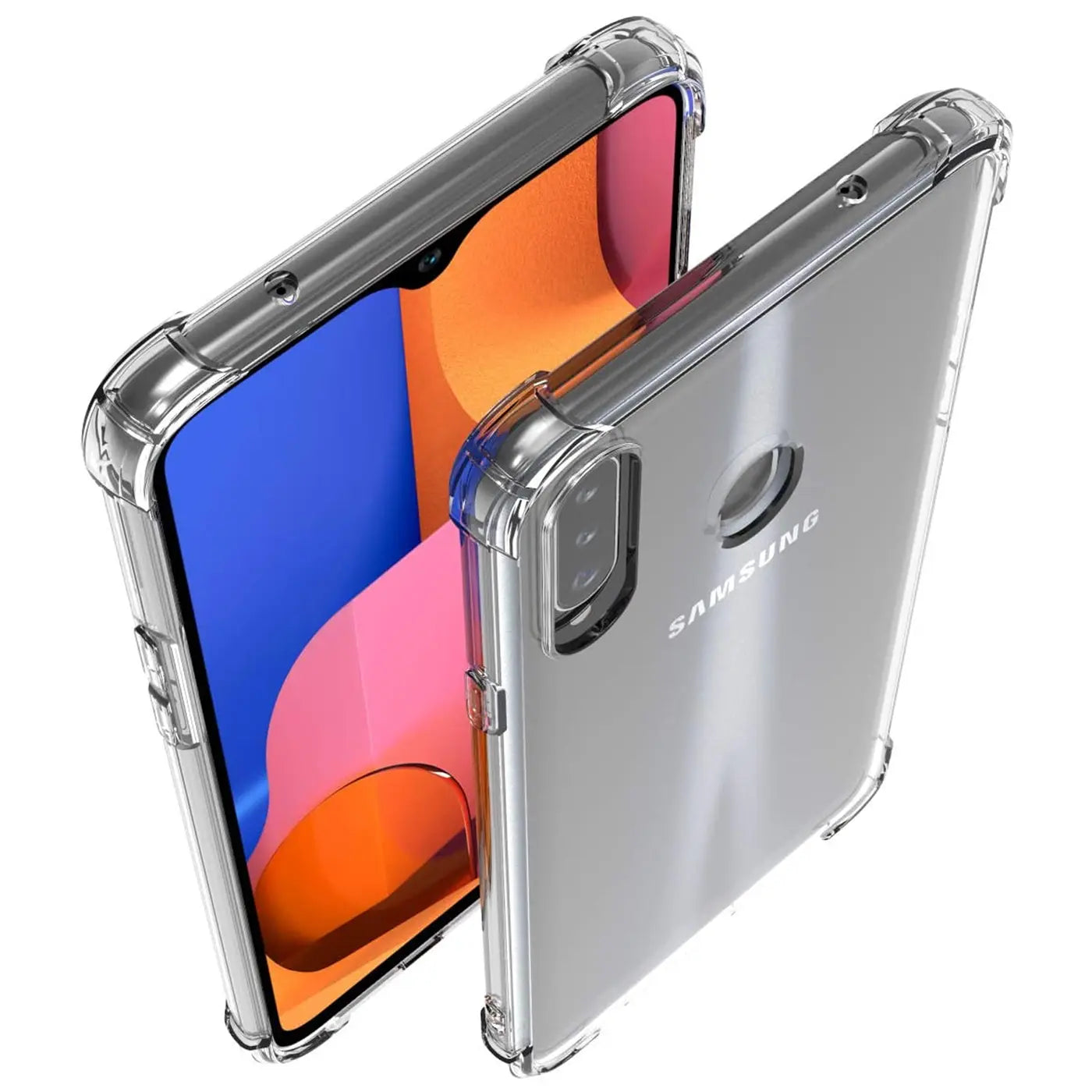 Klar, stoßfeste Hülle aus TPU für Samsung Galaxy A20s, von schräg oben fotografiert.