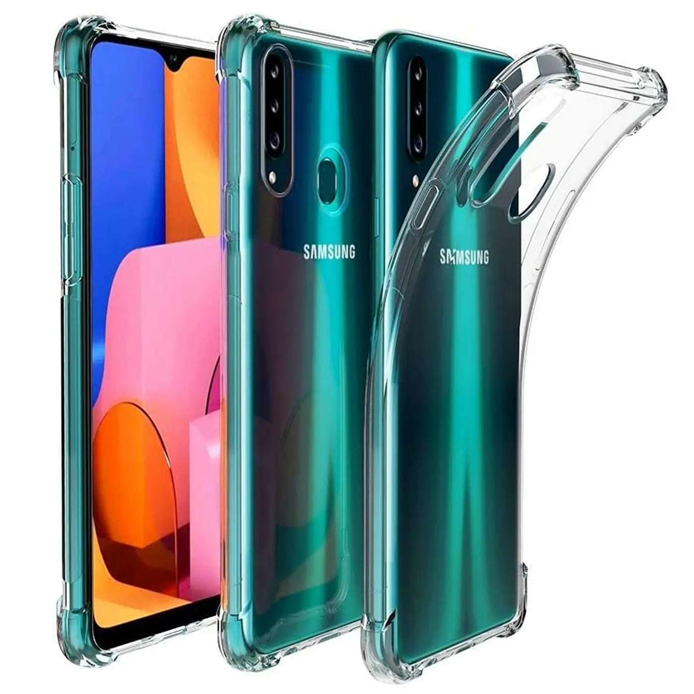 Klar, stoßfeste Hülle aus TPU, zeigt Samsung Galaxy A20s, Nahaufnahme