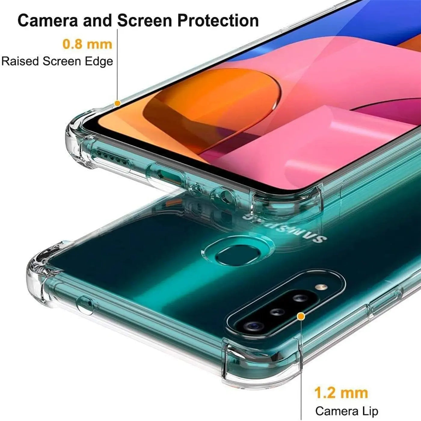 Transparente Hülle aus Kunststoff auf einem Samsung Galaxy A20s, Nahaufnahme von hinten und Seite.