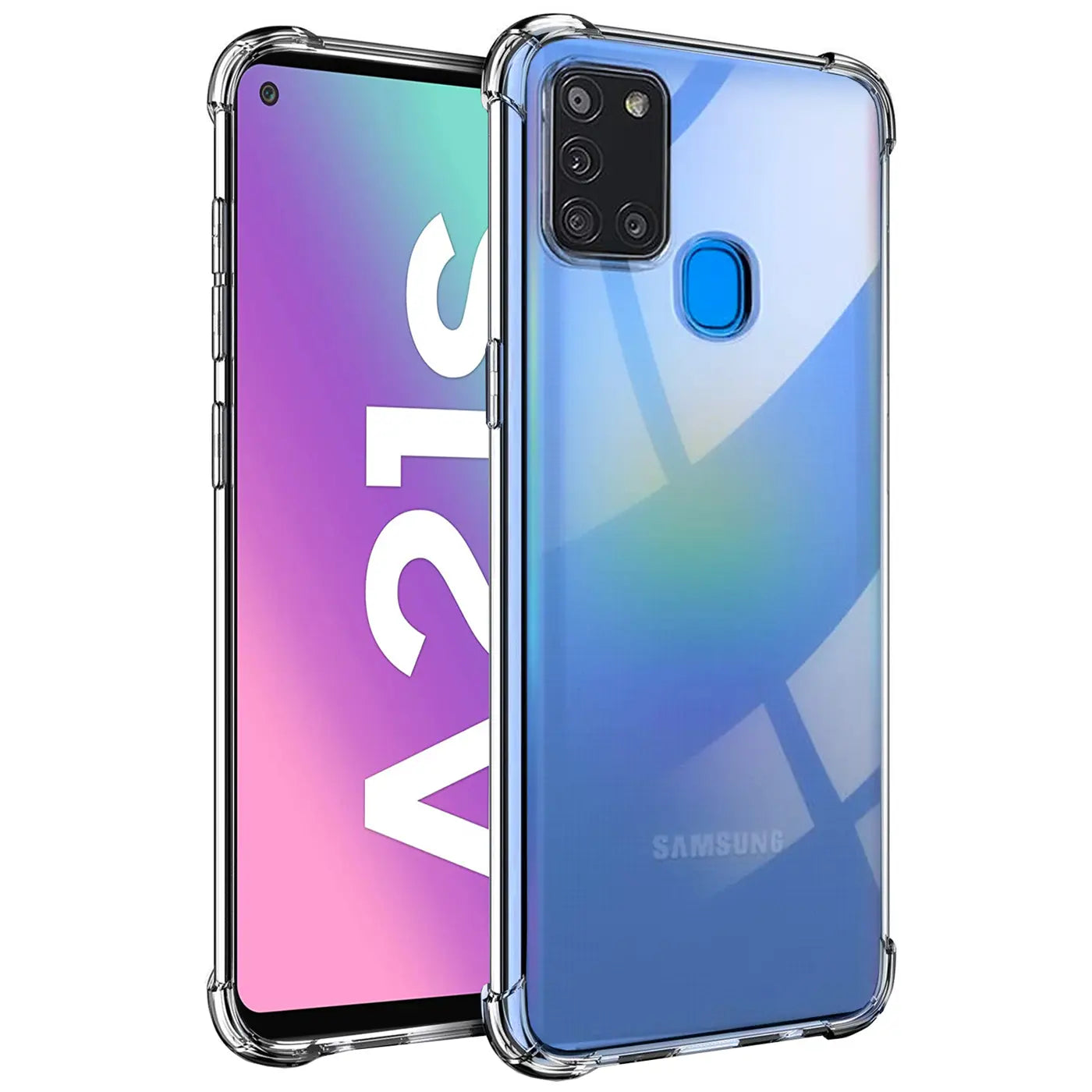 Samsung Galaxy A21s in klarer Hülle, von vorne/seitlich, transparentes TPU