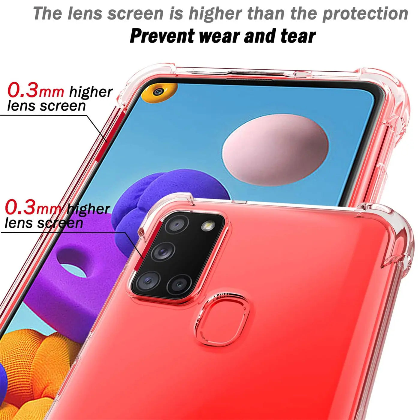 Transparente Hülle aus Kunststoff, zeigt Rückseite und Vorderseite eines roten Samsung Galaxy A21s.