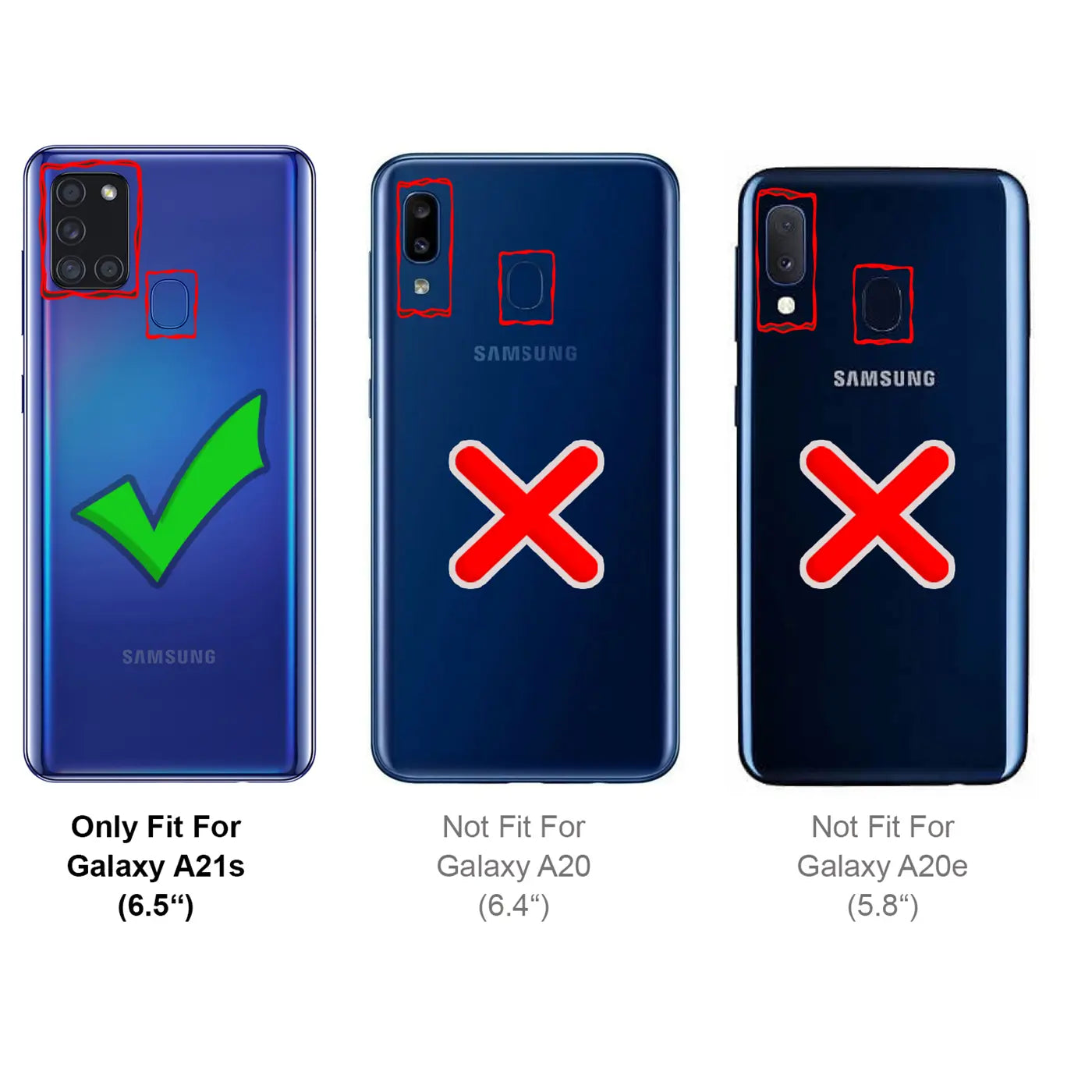 Rückseite Samsung Galaxy A21s (blau) mit grüner Häkchenmarkierung.