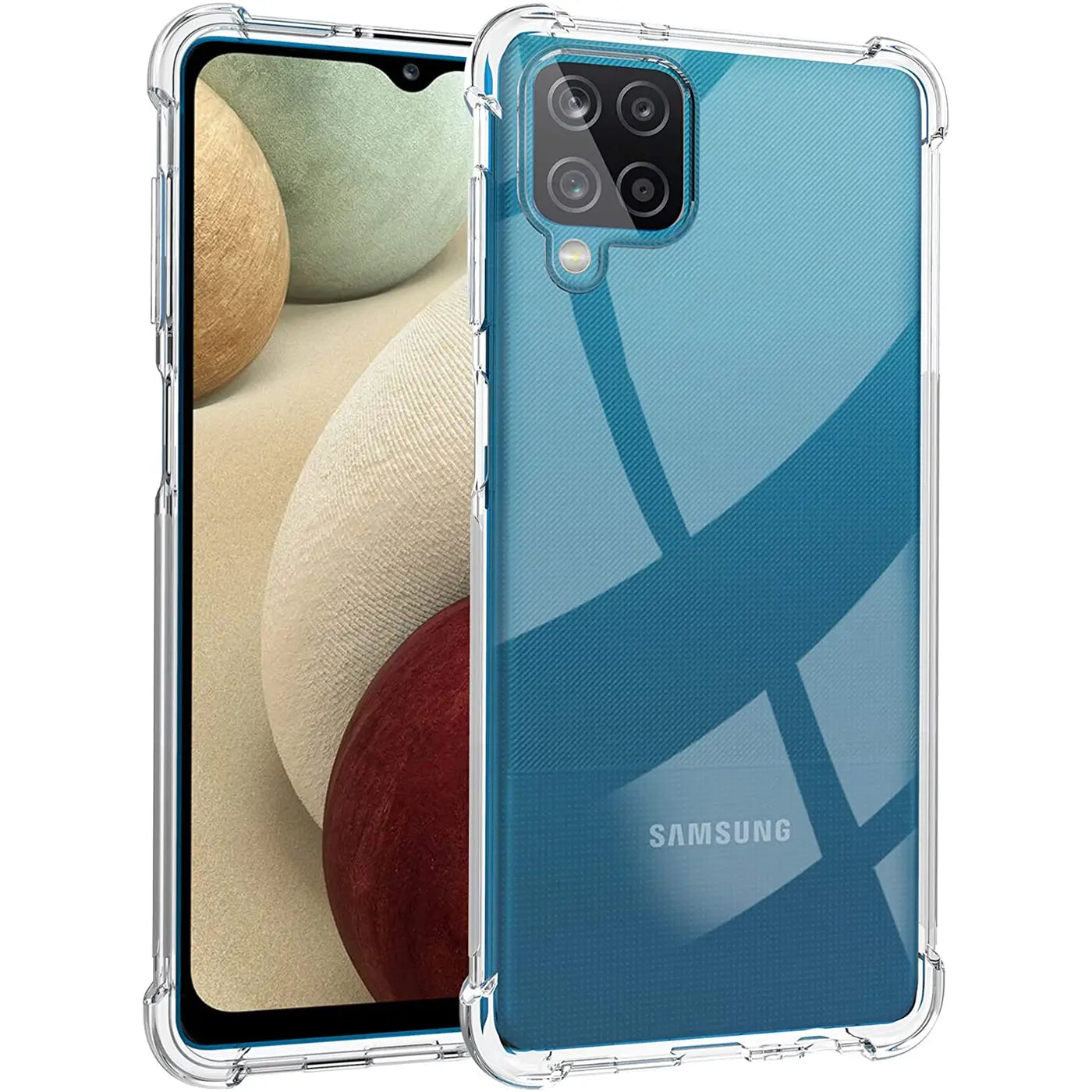 Transparente Hülle aus Kunststoff mit verstärkten Ecken, zeigt Vorder- und Rückseite eines Samsung Galaxy A22 4G.