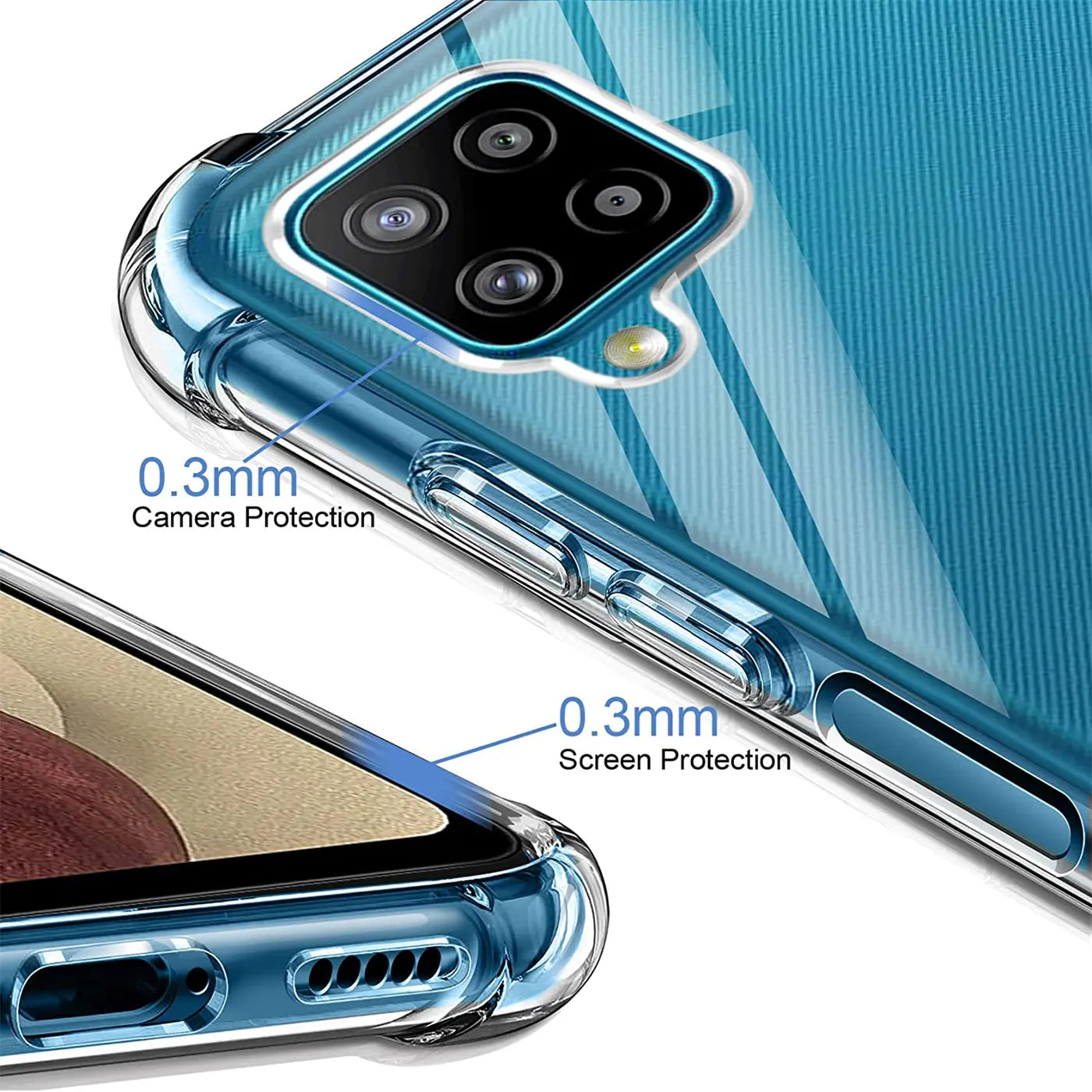 Transparente Hülle aus TPU, Nahaufnahme, zeigt Kamera- und Bildschirmschutz (0.3mm) an Samsung Galaxy A22 4G.