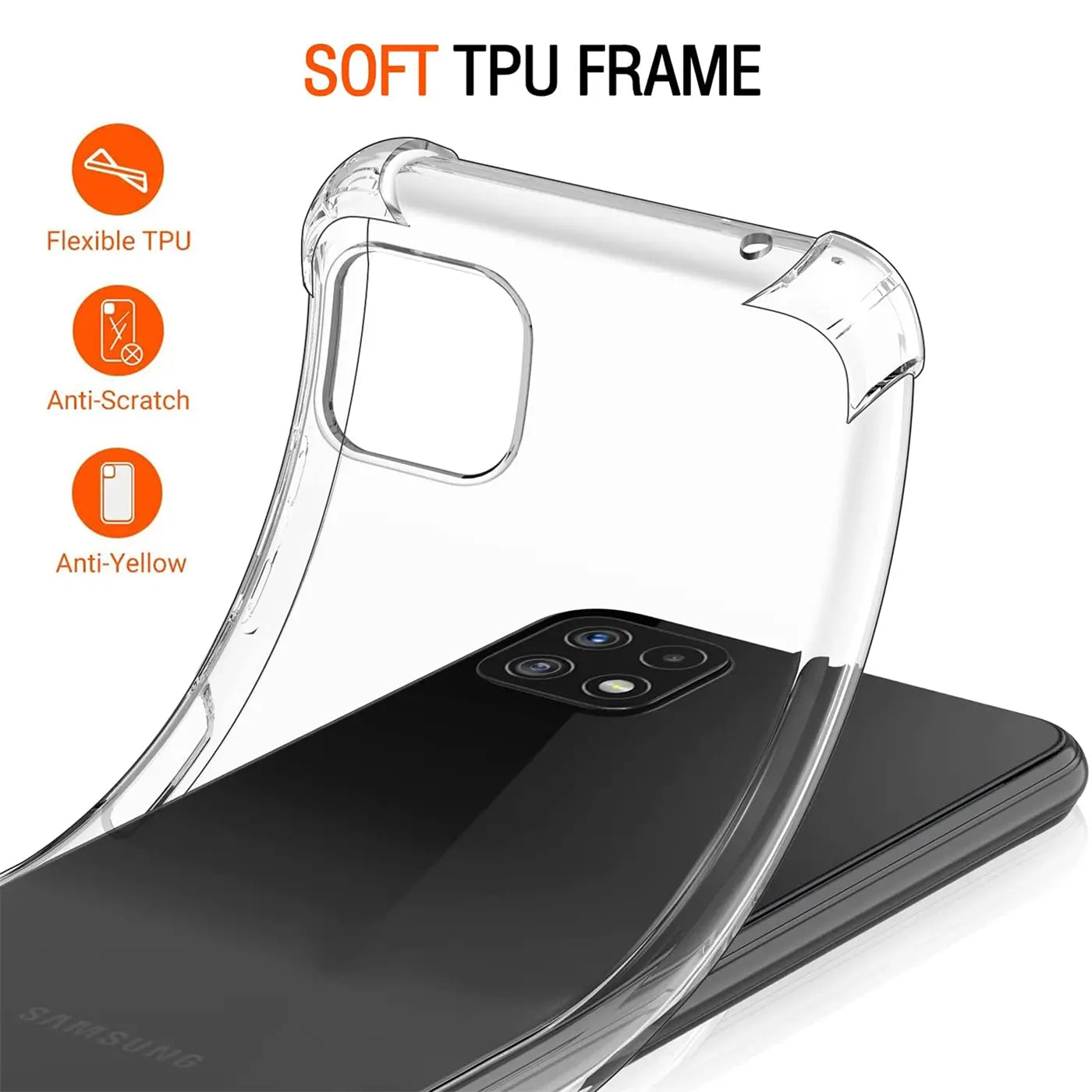 Klare TPU-Hülle, die auf ein schwarzes Samsung Galaxy A22 5G aufgesetzt wird, von schräg oben.