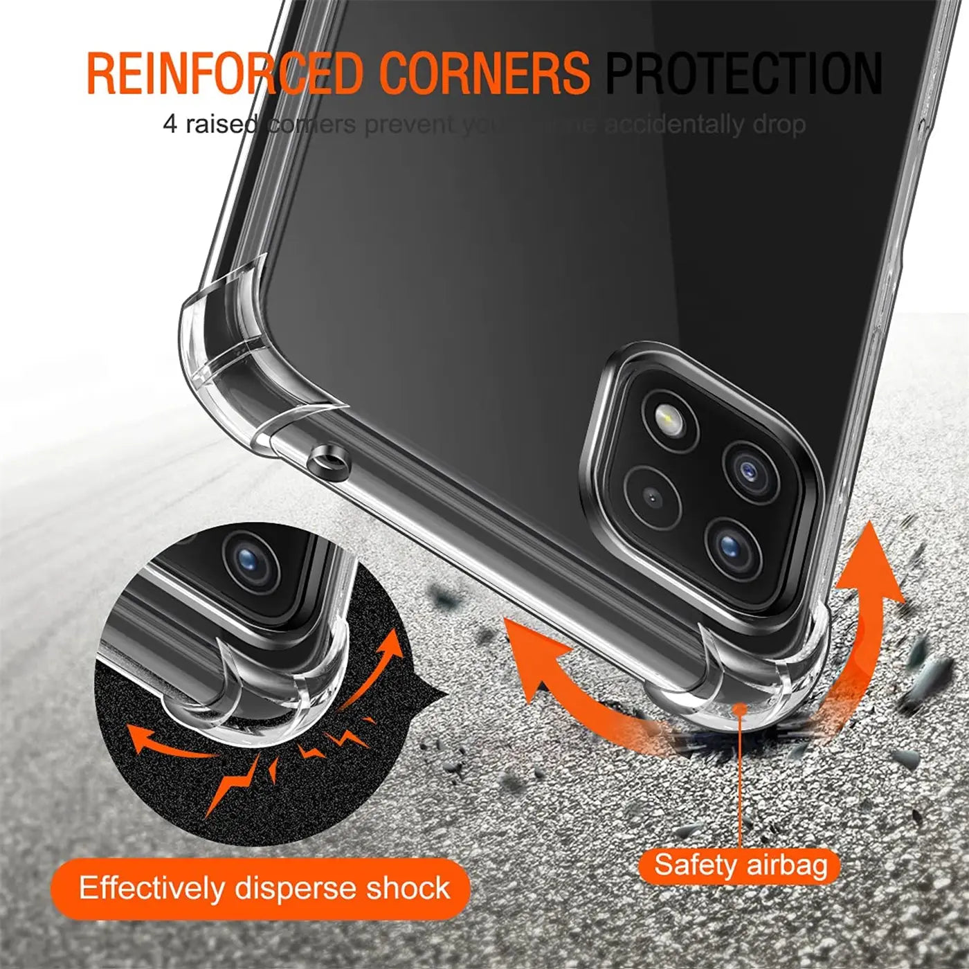 Transparente Hülle mit verstärkten Ecken, zeigt Samsung Galaxy A22 5G.