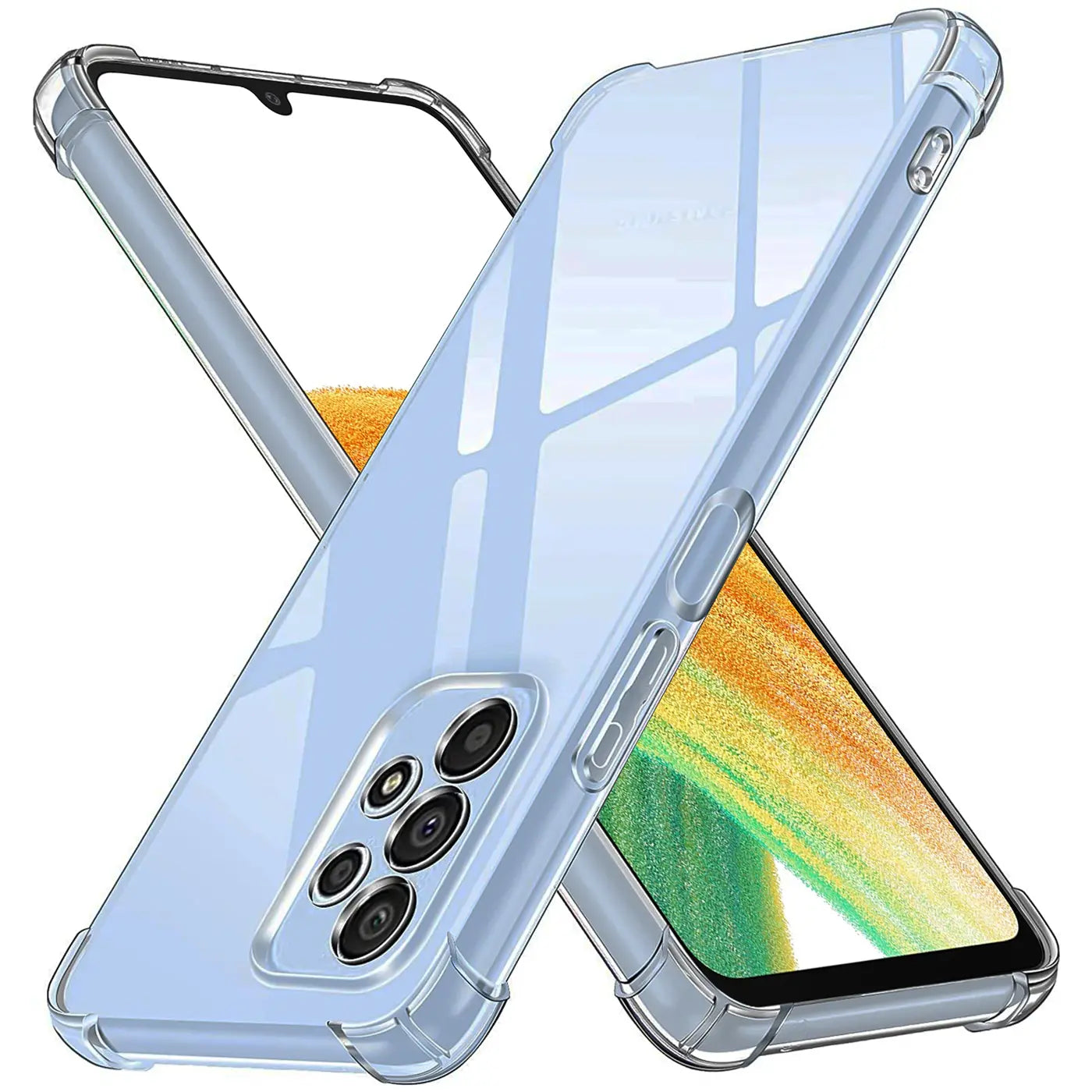 Transparente Hülle aus Kunststoff, schräg von vorne, zeigt Samsung Galaxy A23 5G Rückseite.