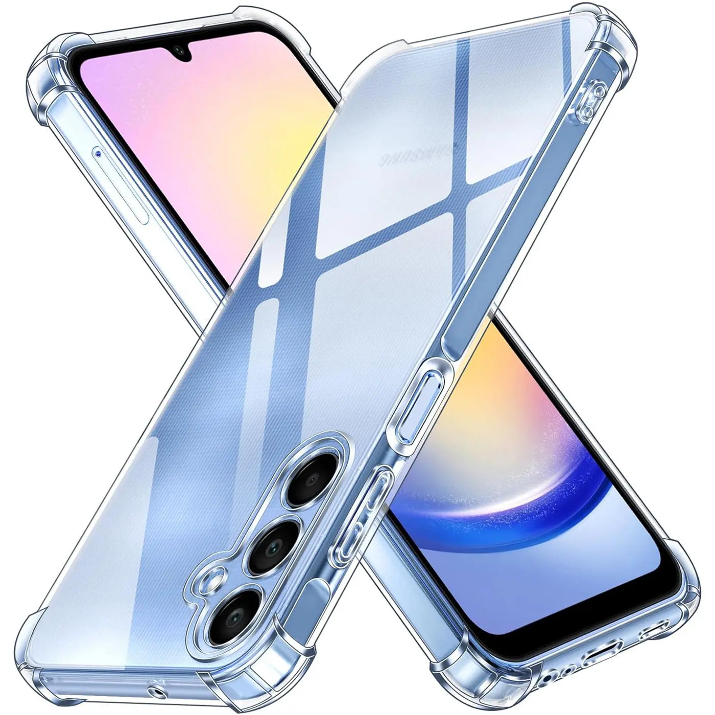 Transparente Hülle aus Kunststoff, schräg von vorne, zeigt Samsung Galaxy A25 5G.