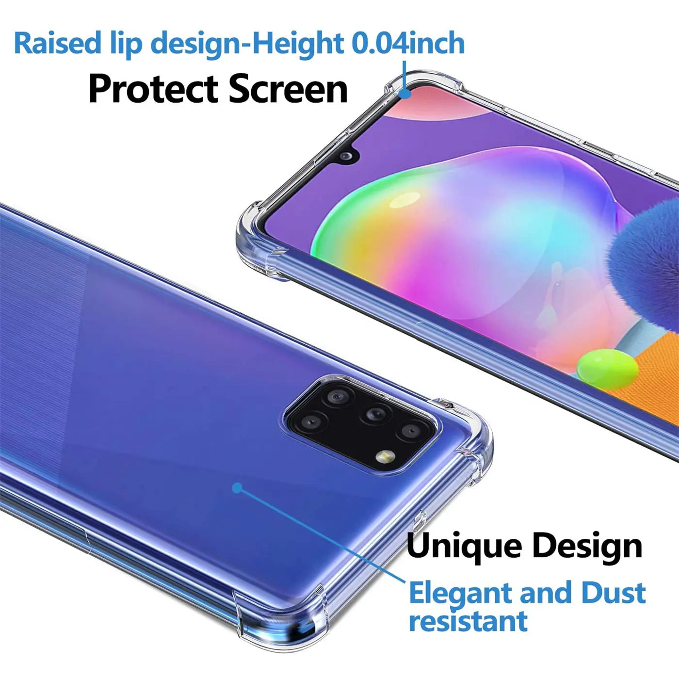 Samsung Galaxy A31 in klarer Hülle, von oben links, transparentes Material
