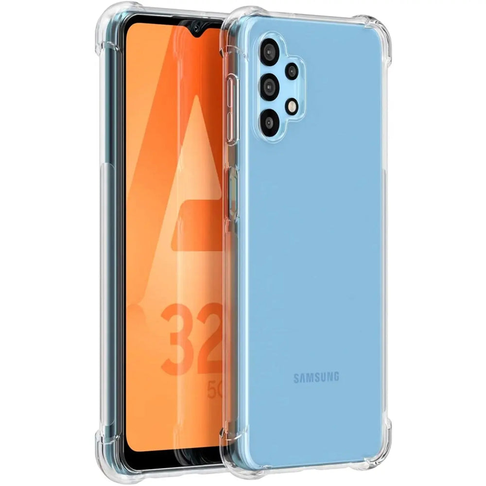 Samsung Galaxy A32 5G in klarer Hülle, von vorne und hinten gezeigt, aus Kunststoff.