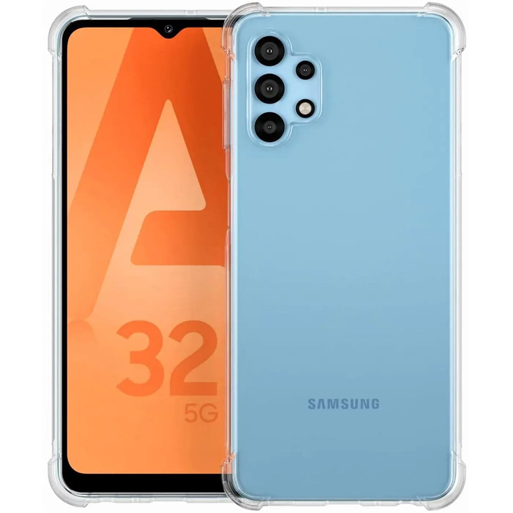 Samsung Galaxy A32 5G in klarer Hülle, von vorne und hinten gezeigt, aus transparentem Kunststoff.