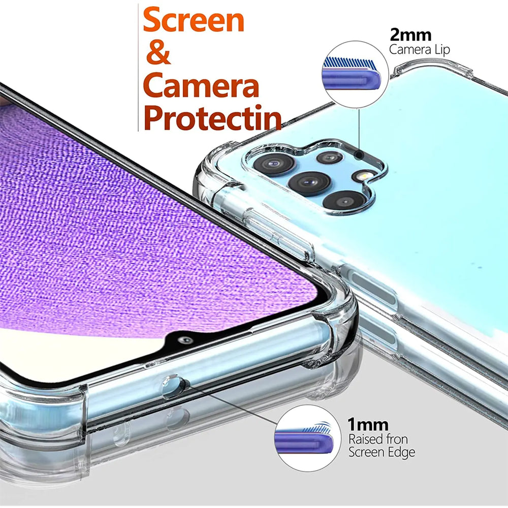 Transparente Hülle aus Kunststoff, Nahaufnahme, zeigt Samsung Galaxy A32 5G mit Kamera.