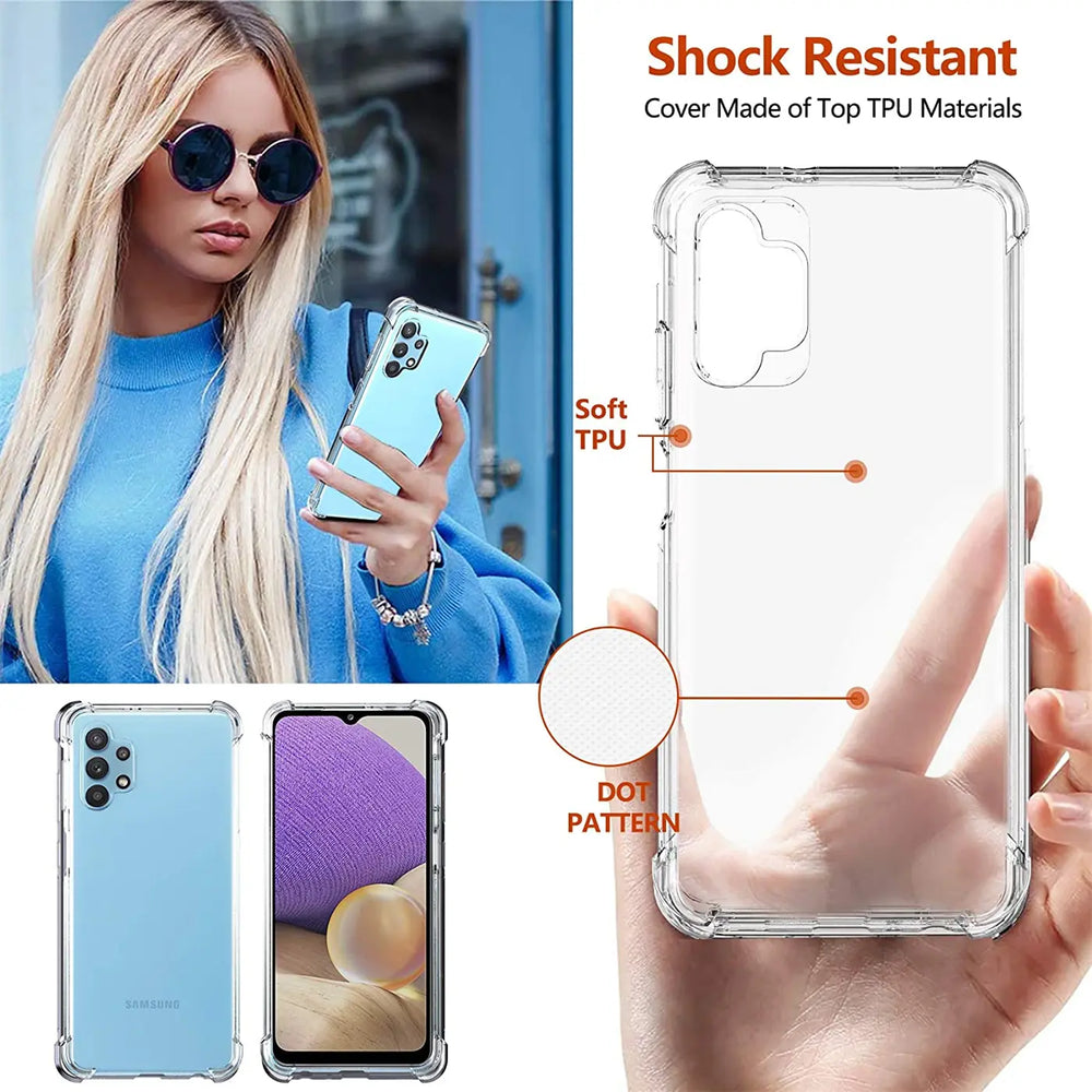 Transparente TPU-Hülle für Samsung Galaxy A32 5G, von vorne und hinten gezeigt.