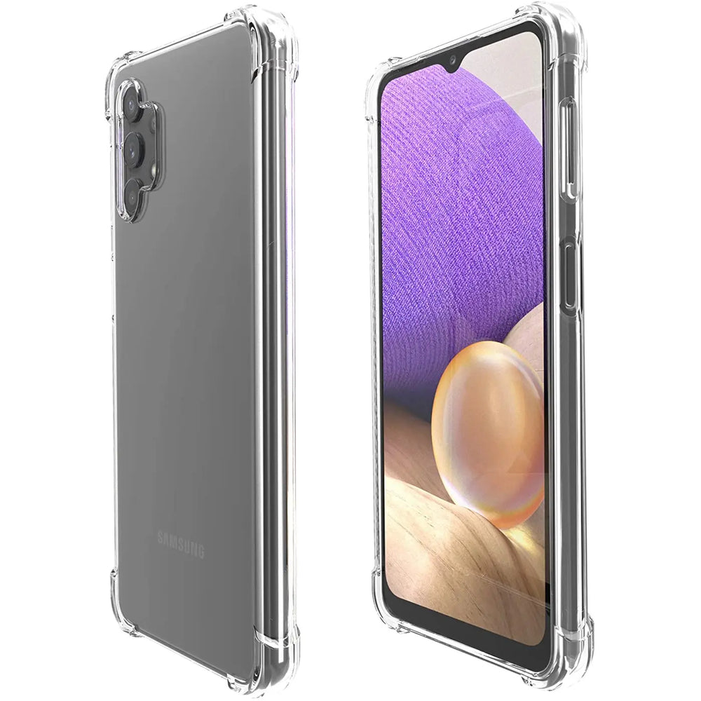 Transparente Hülle aus Kunststoff, von vorne und hinten gezeigt, für Samsung Galaxy A32 5G.