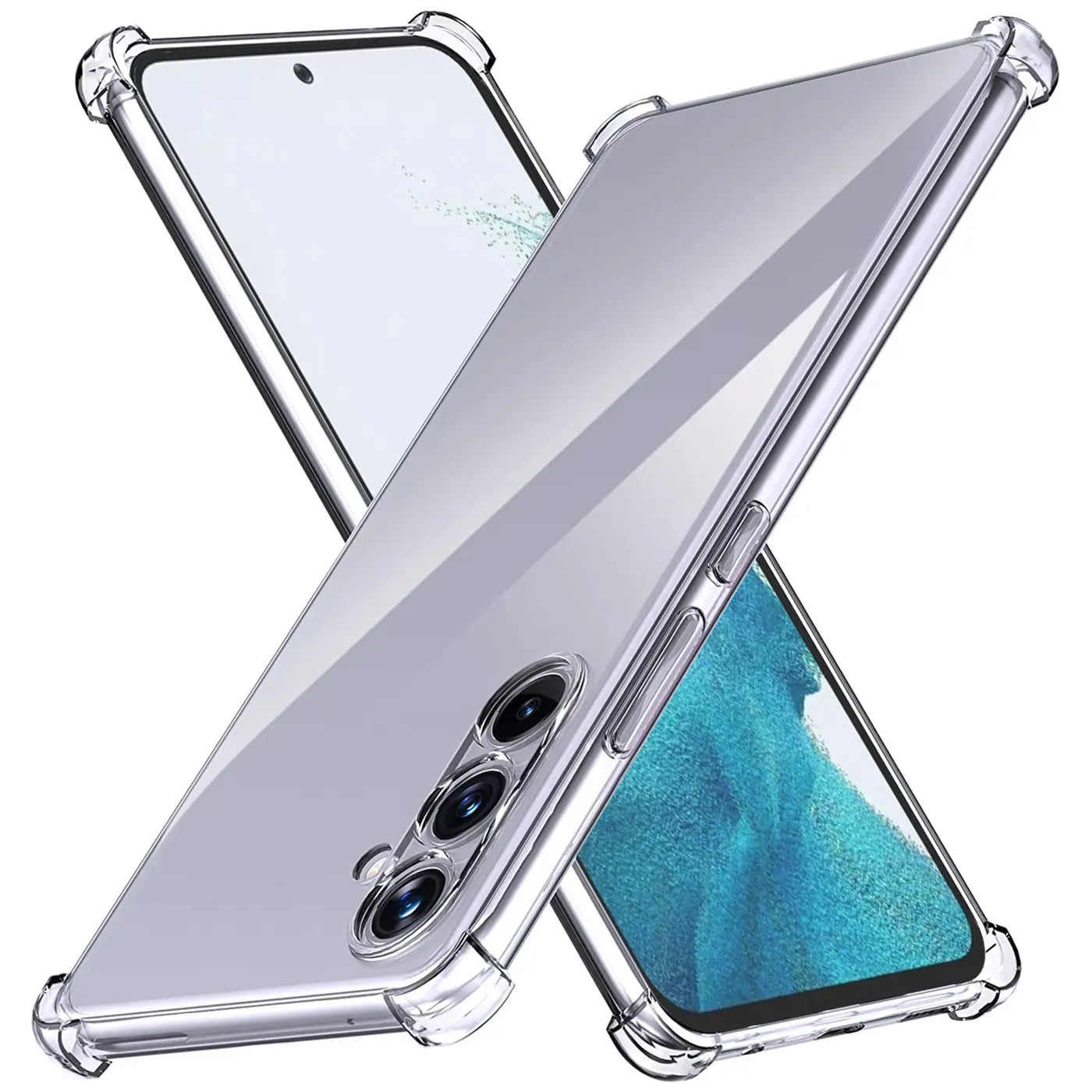 Transparente Hülle aus TPU mit verstärkten Ecken für Samsung Galaxy A34 5G, von schräg oben.