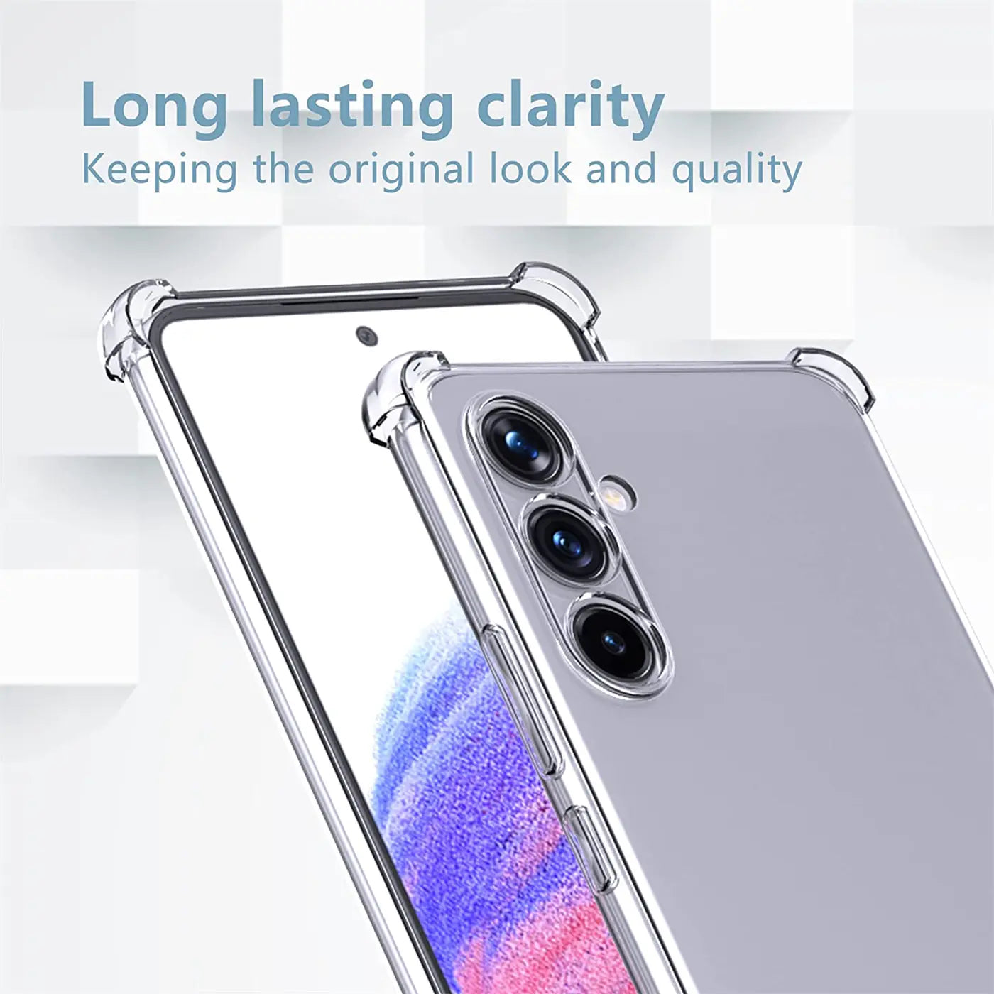 Transparente Hülle aus Kunststoff, Nahaufnahme, zeigt Samsung Galaxy A34 5G.