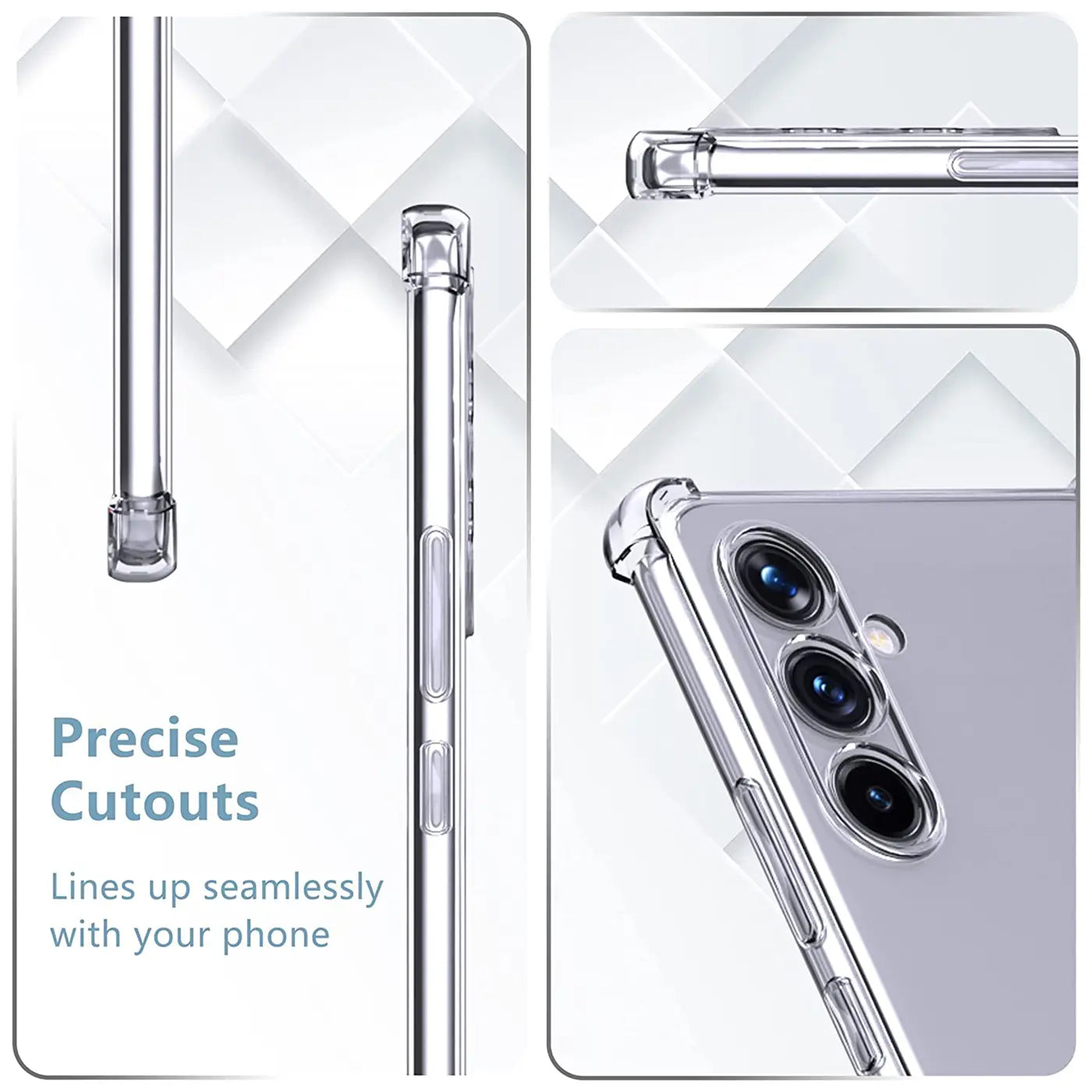 Transparente Hülle aus Kunststoff, zeigt Samsung Galaxy A34 5G, Seitenansicht und Rückseite.