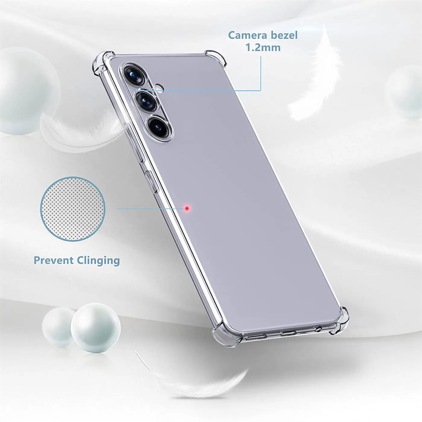 Samsung Galaxy A34 5G in klarer Hülle, von schräg oben, TPU, stoßfest.