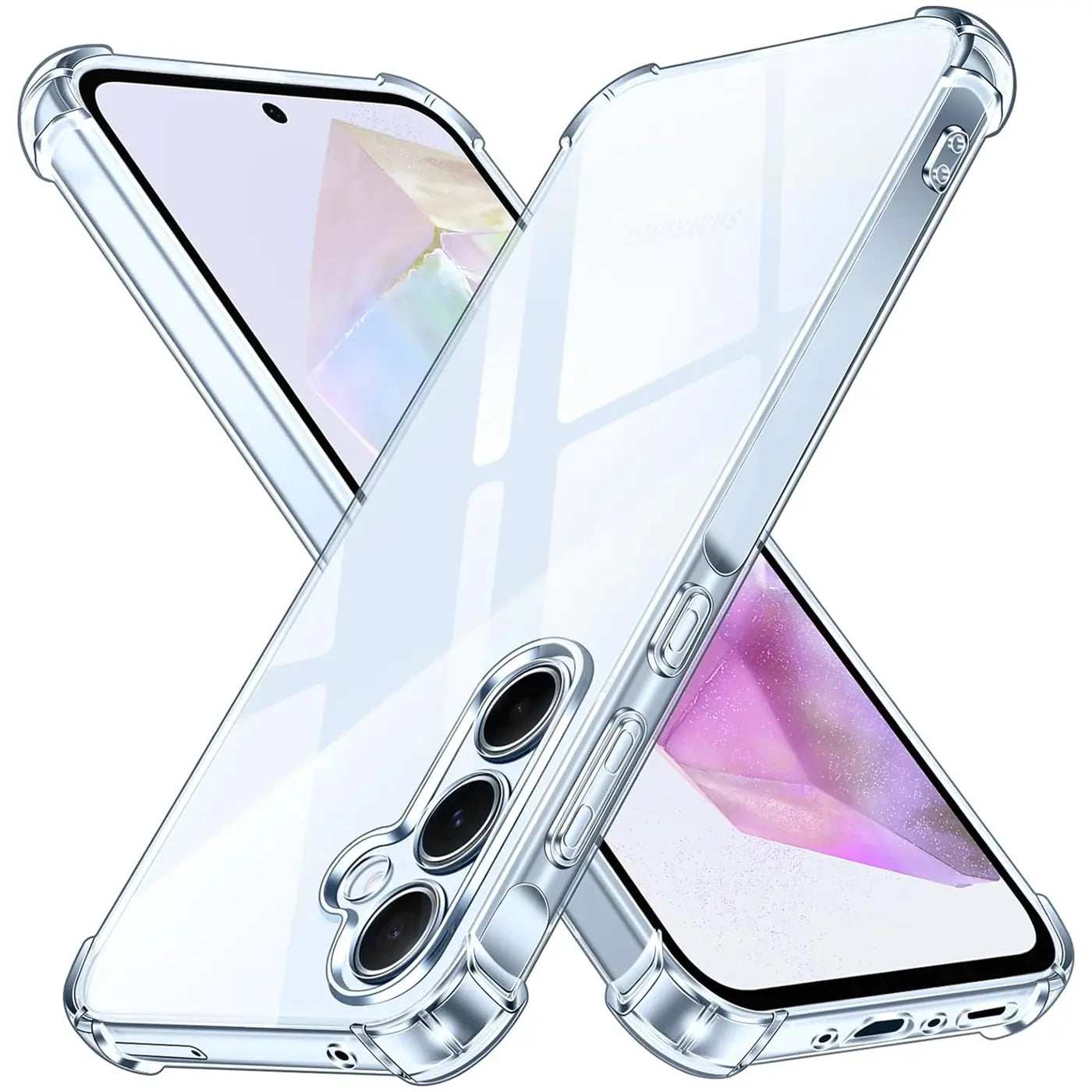 Transparente Hülle aus Kunststoff, schräg von vorne, zeigt Samsung Galaxy A35 5G.