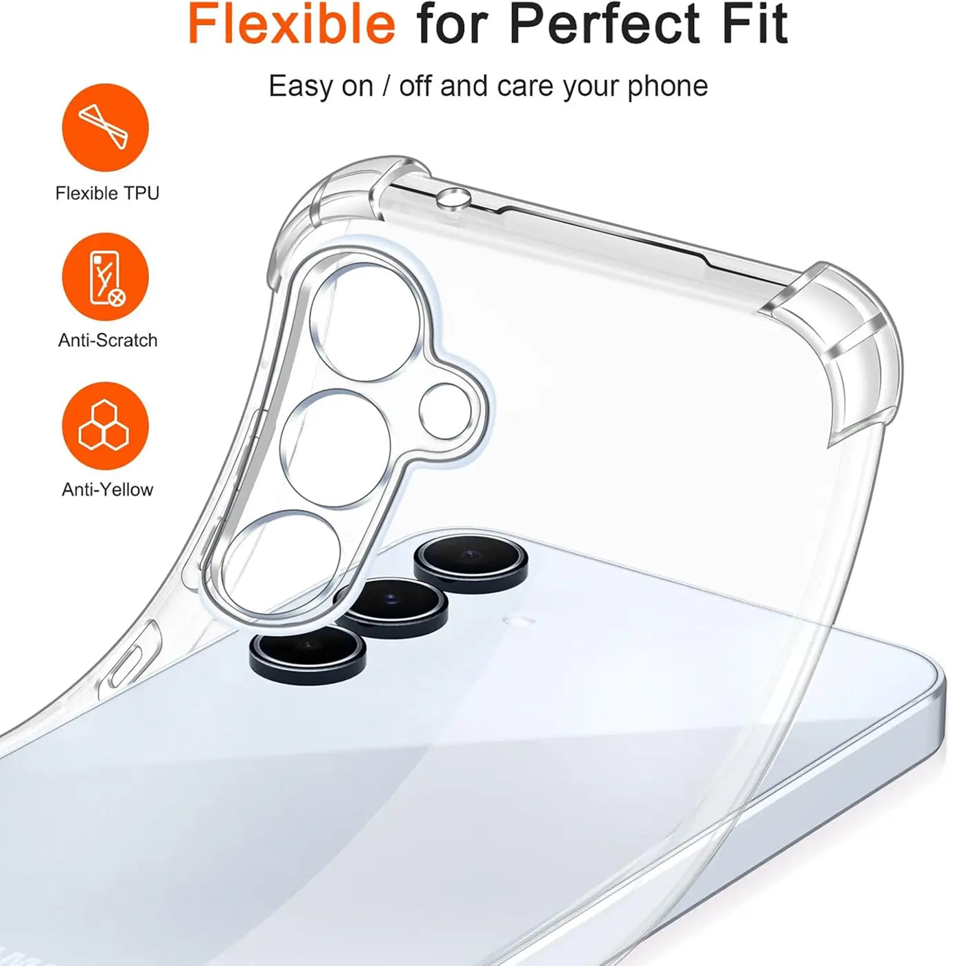 Transparente TPU-Hülle, Nahaufnahme, Rückseite eines Samsung Galaxy A35 5G.