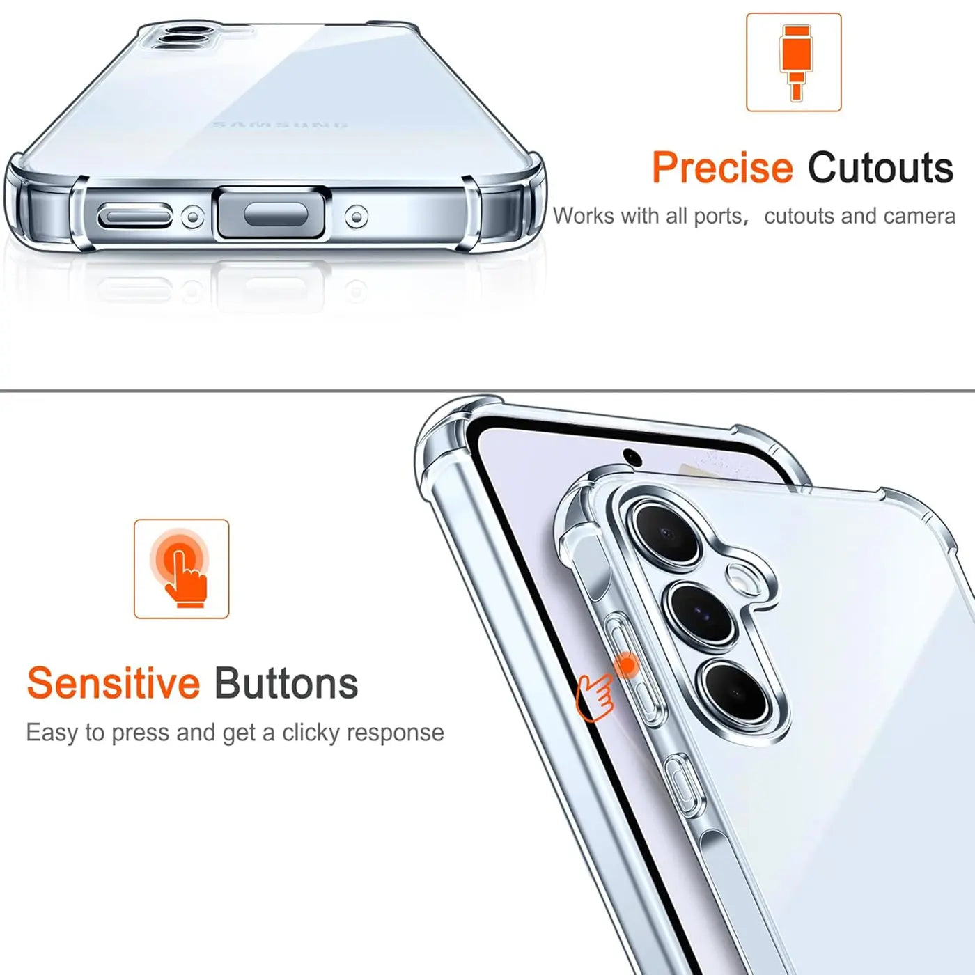 Transparente Hülle aus Kunststoff, Seitenansicht und Rückansicht, zeigt ein Smartphone.
