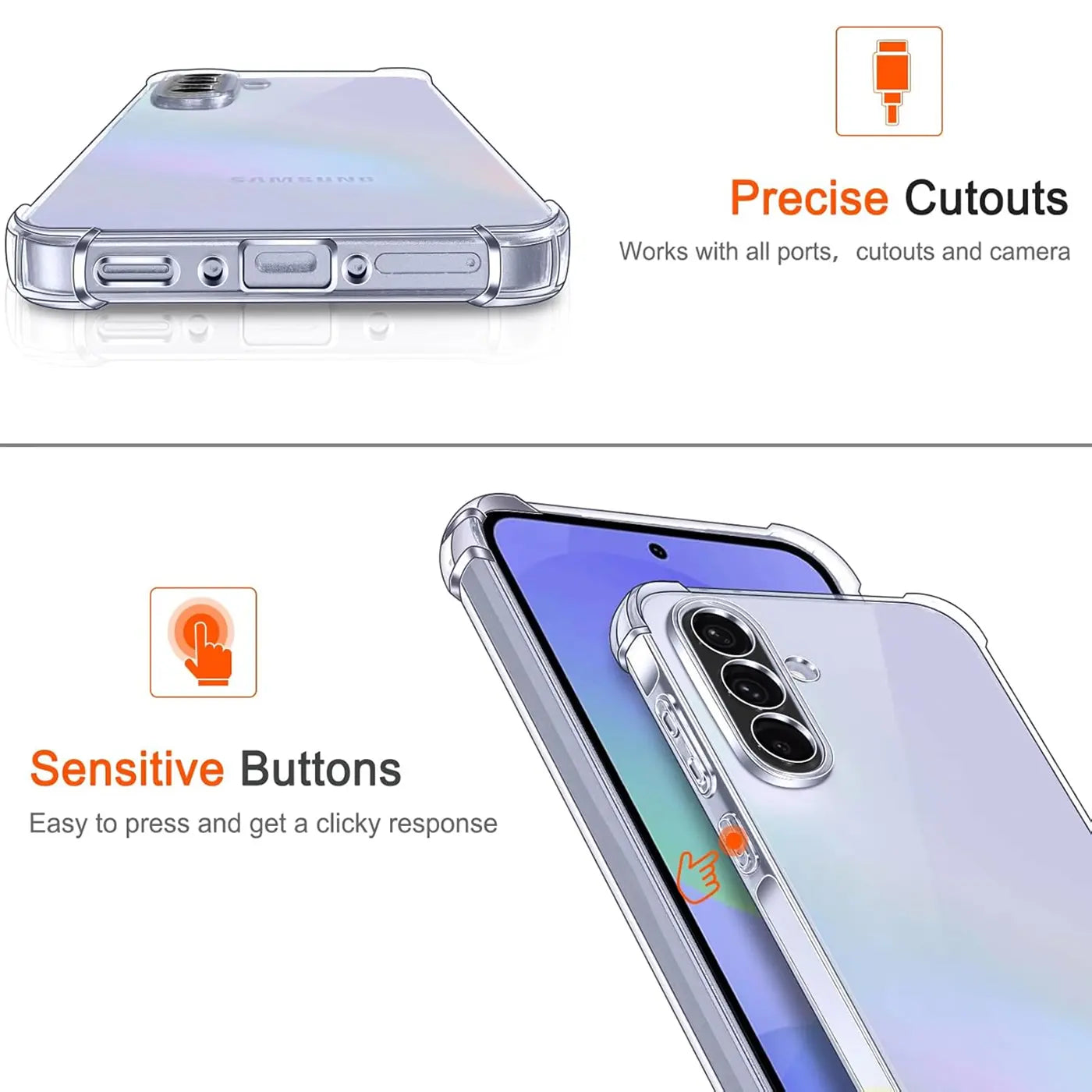 Transparente Hülle aus Kunststoff, Detailansicht Unterseite und Seite, Samsung Galaxy A36 5G.