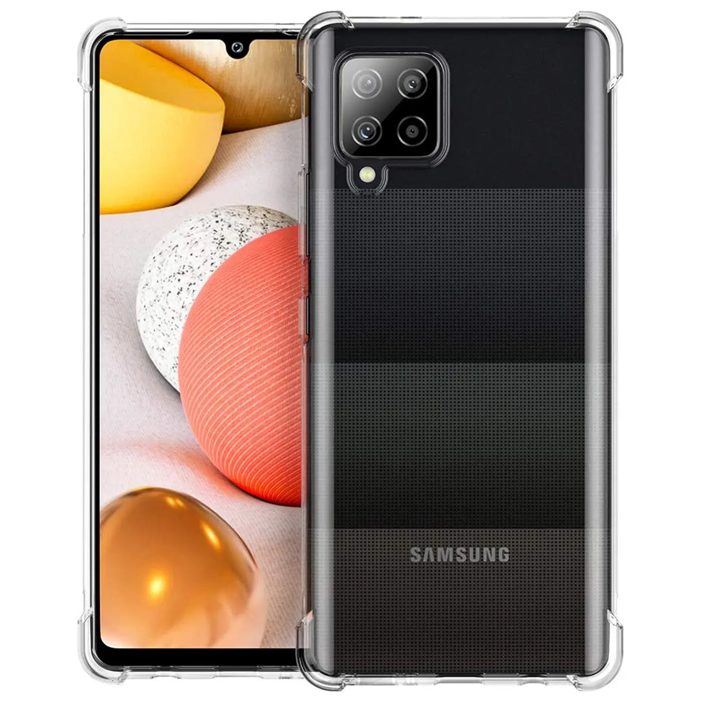 Samsung Galaxy A42 5G in klarer, stoßfester Hülle aus Kunststoff, Vorder- und Rückansicht.