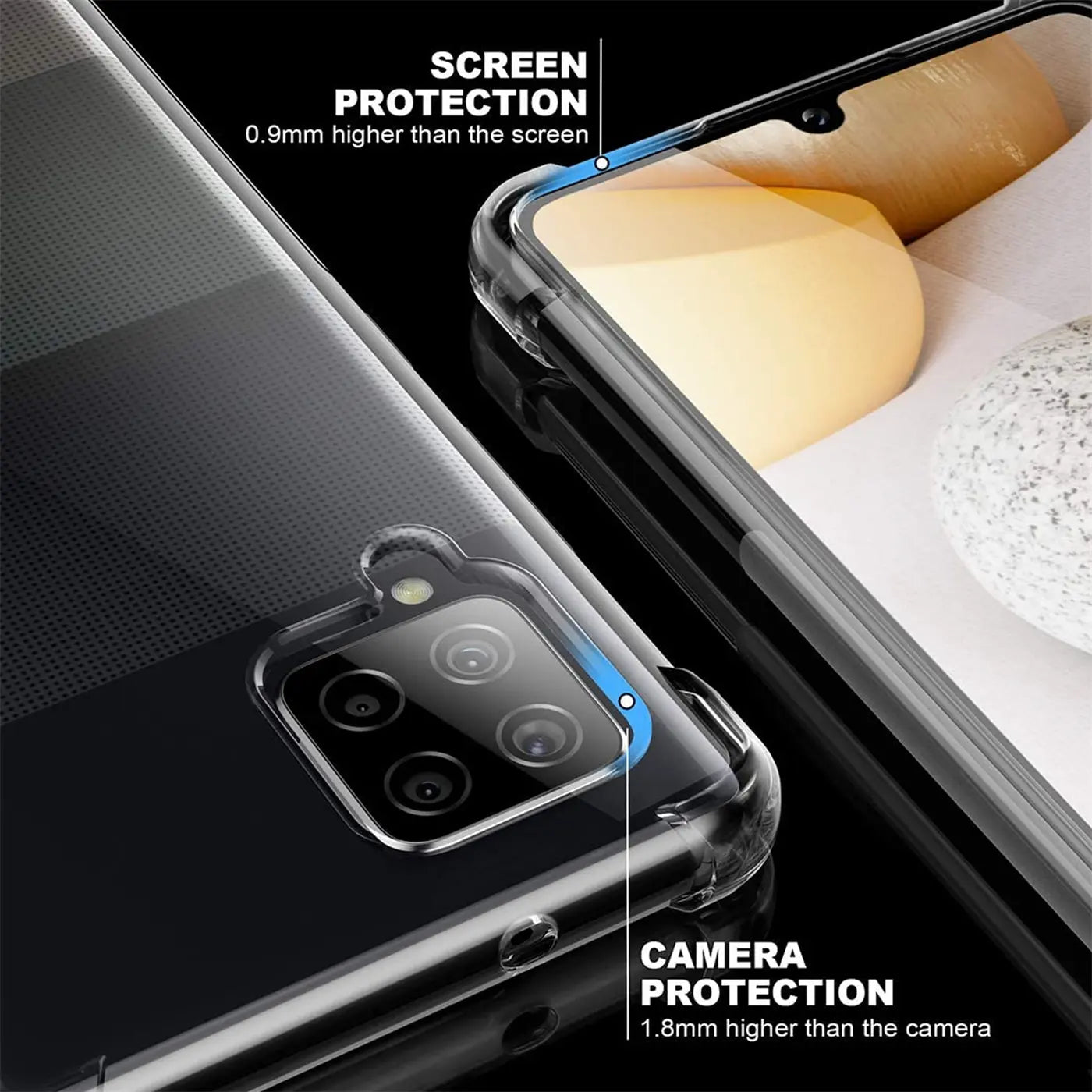 Transparente Hülle aus Kunststoff zeigt Rückseite und Bildschirm eines Samsung Galaxy A42 5G.
