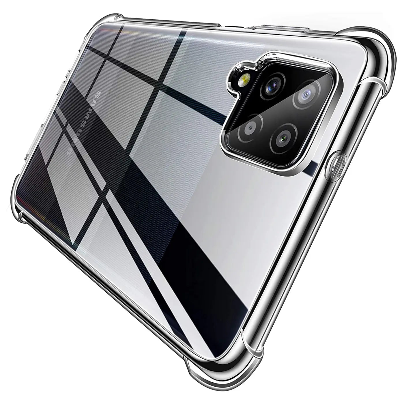 Samsung Galaxy A42 5G in klarer Hülle, von schräg oben. Transparentes Material.