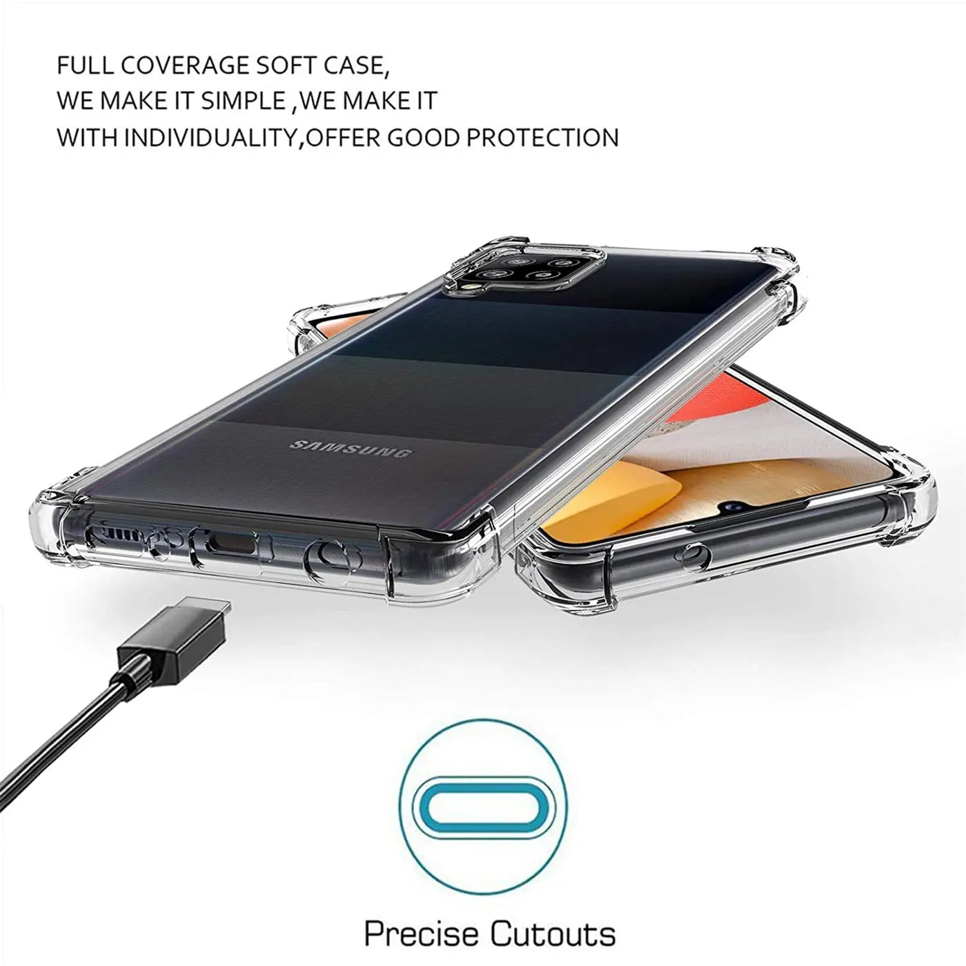 Transparente, stoßfeste Hülle aus Kunststoff für Samsung Galaxy A42 5G, von schräg unten gezeigt.