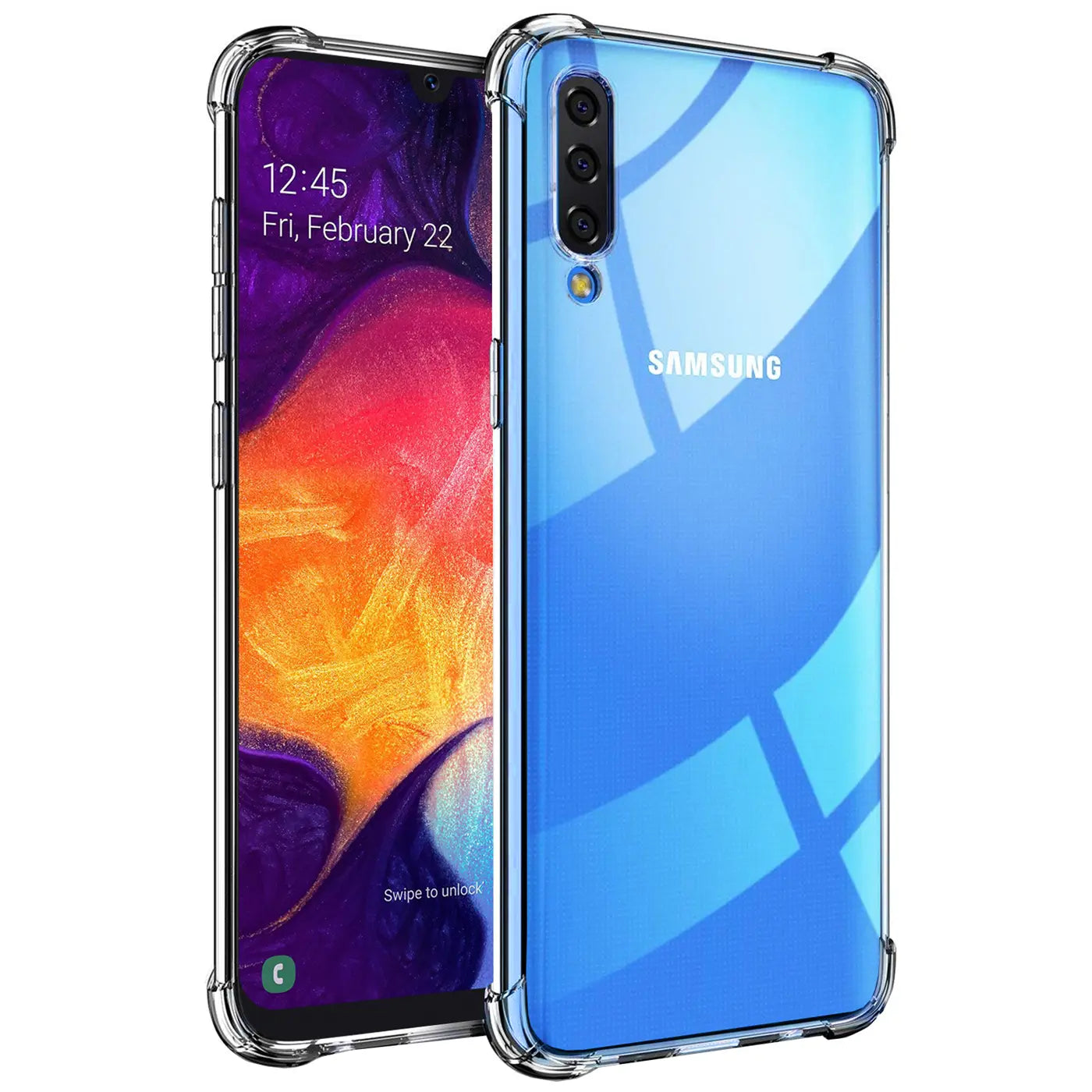 Samsung Galaxy A50/A30s in transparenter Hülle, von vorne und hinten, leicht schräg.