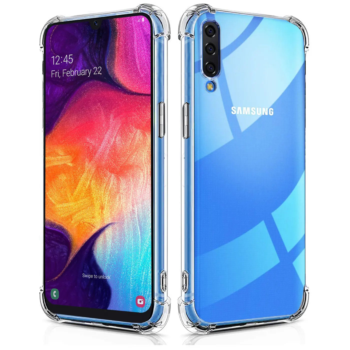 Samsung Galaxy A50/A30s in klarer Hülle, Vorder- und Rückansicht, transparentes TPU.