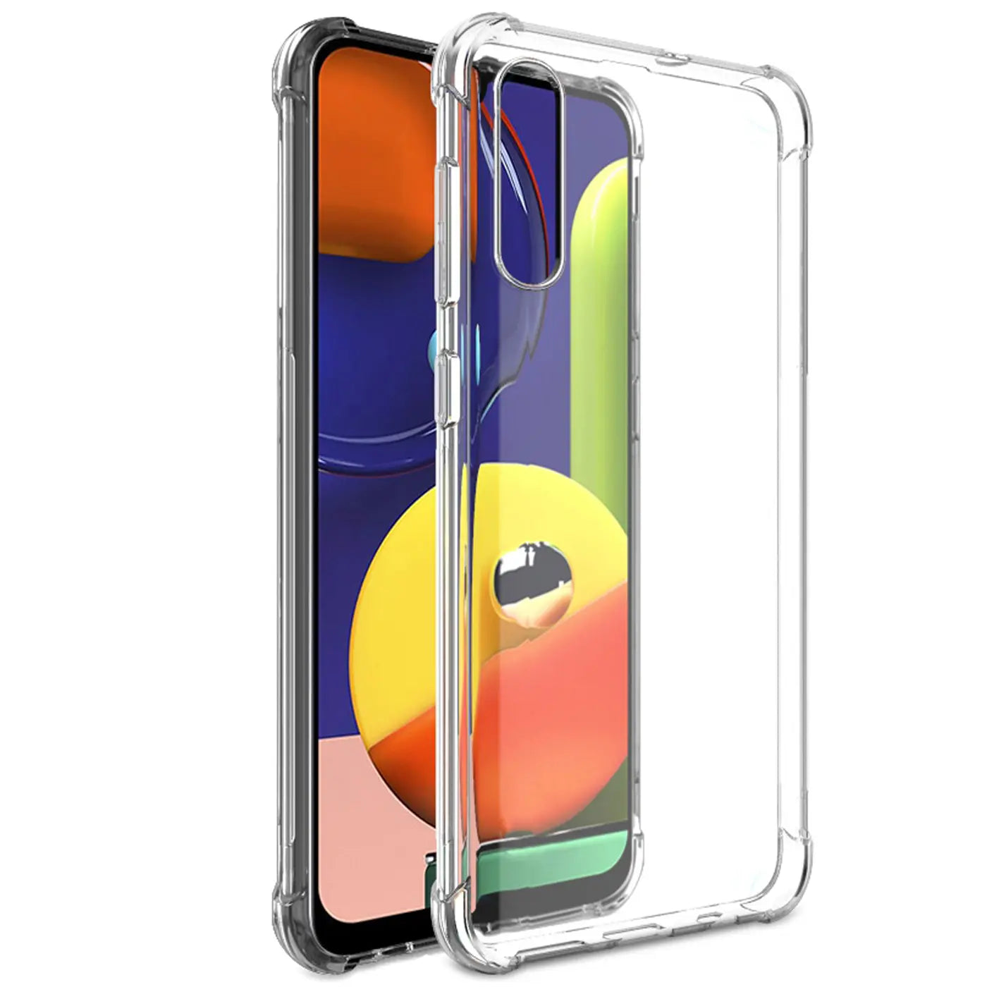 Klare, stoßfeste Hülle aus Kunststoff, die ein Samsung Galaxy A50/A30s zeigt.